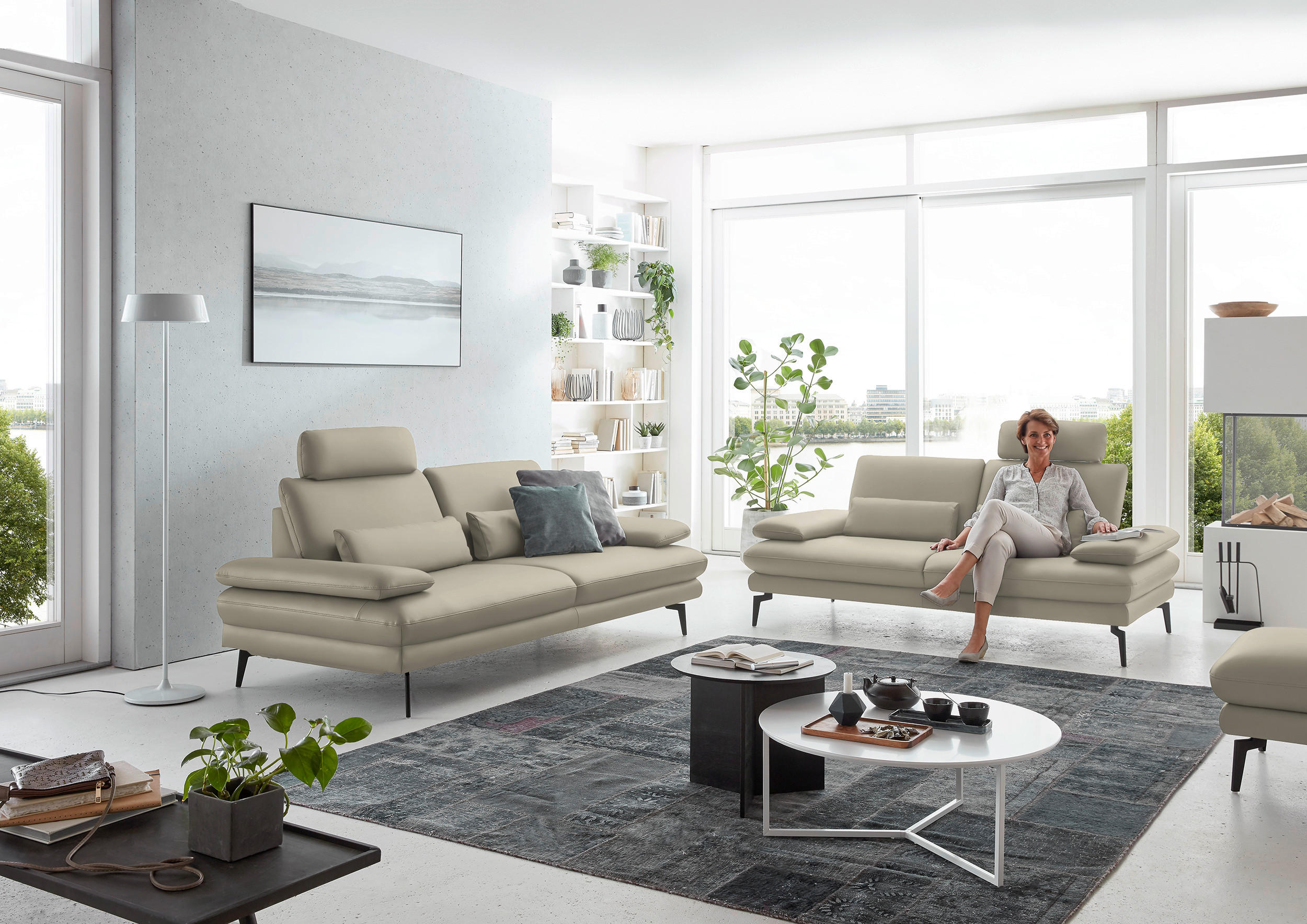 3-SITZER-SOFA in Leder Ecru  - Ecru/Schwarz, Design, Leder/Metall (222/86/104cm) - Dieter Knoll