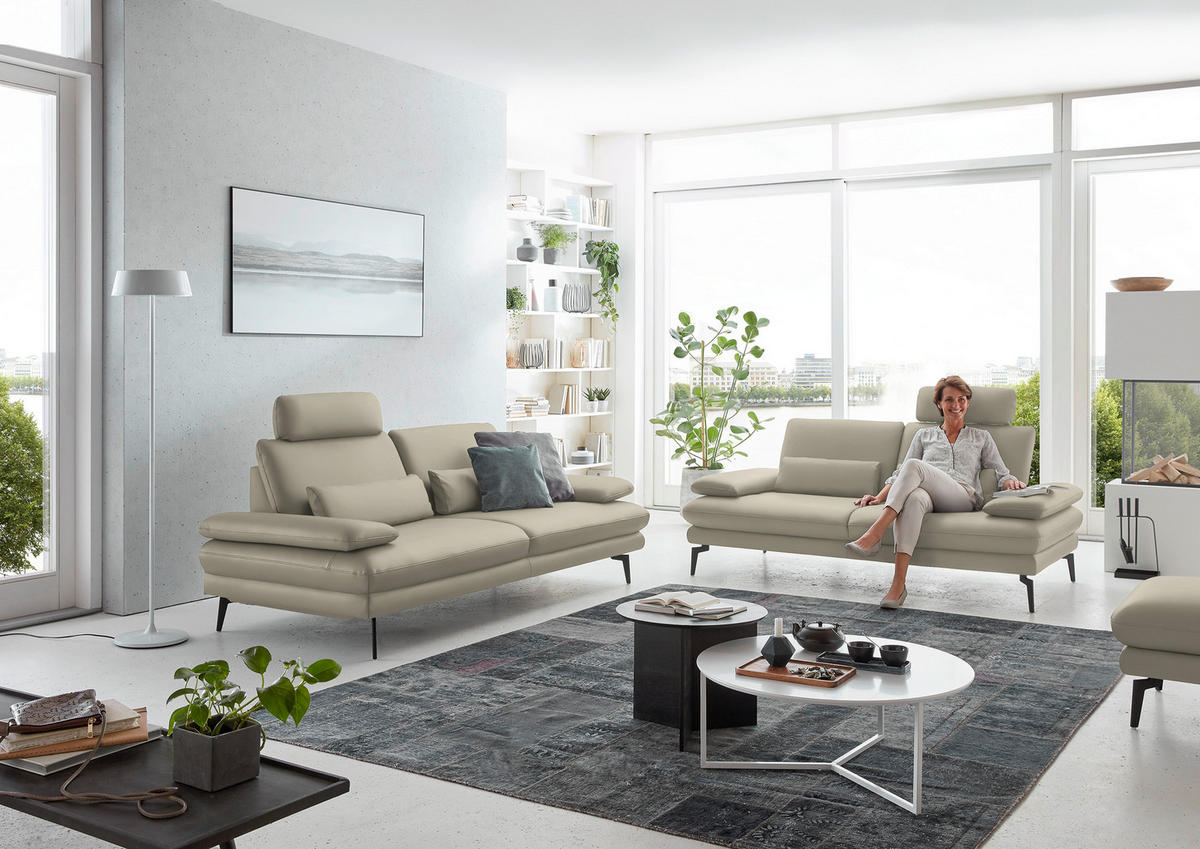 3-SITZER-SOFA in Echtleder Ecru  - Ecru/Schwarz, Design, Leder/Metall (222/86/104cm) - Dieter Knoll