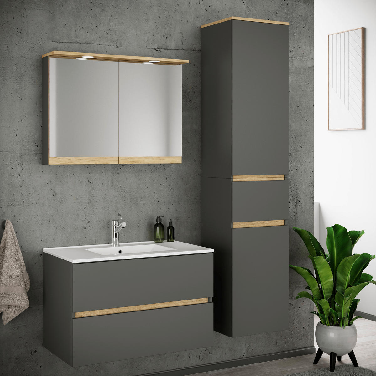 BADEZIMMER 4-teilig  in 121 cm  - Honigeiche/Anthrazit, Trend, Keramik/Holzwerkstoff (121cm) - MID.YOU