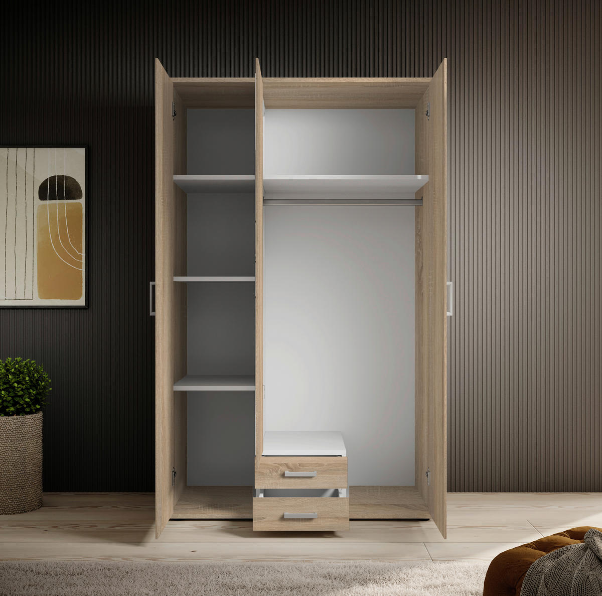 OMARA S KLASIČNIMI VRATI, hrast sonoma  - barve aluminija/hrast sonoma, Konvencionalno, umetna masa/steklo (120/195/55cm) - Carryhome