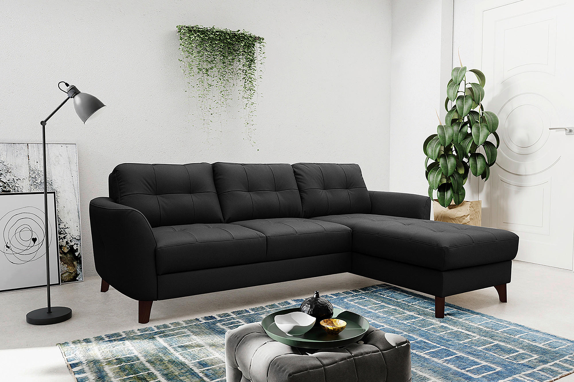 ECKSOFA in Lederlook Echtleder Schwarz  - Buchefarben/Schwarz, Design, Leder/Holz (238/168cm) - Livetastic