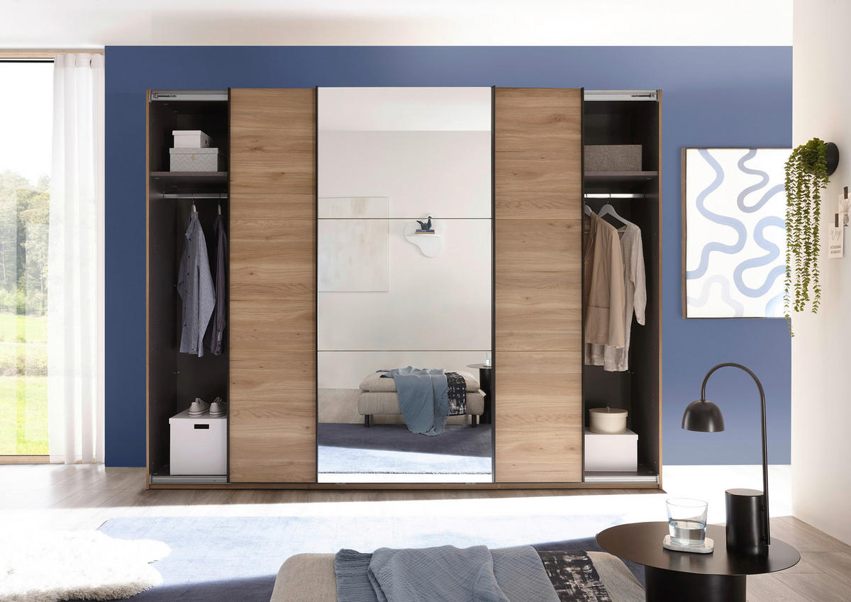 SCHWEBETÜRENSCHRANK in Eichefarben  - Eichefarben/Schwarz, Basics, Glas/Holzwerkstoff (270/210/60cm) - Livetastic