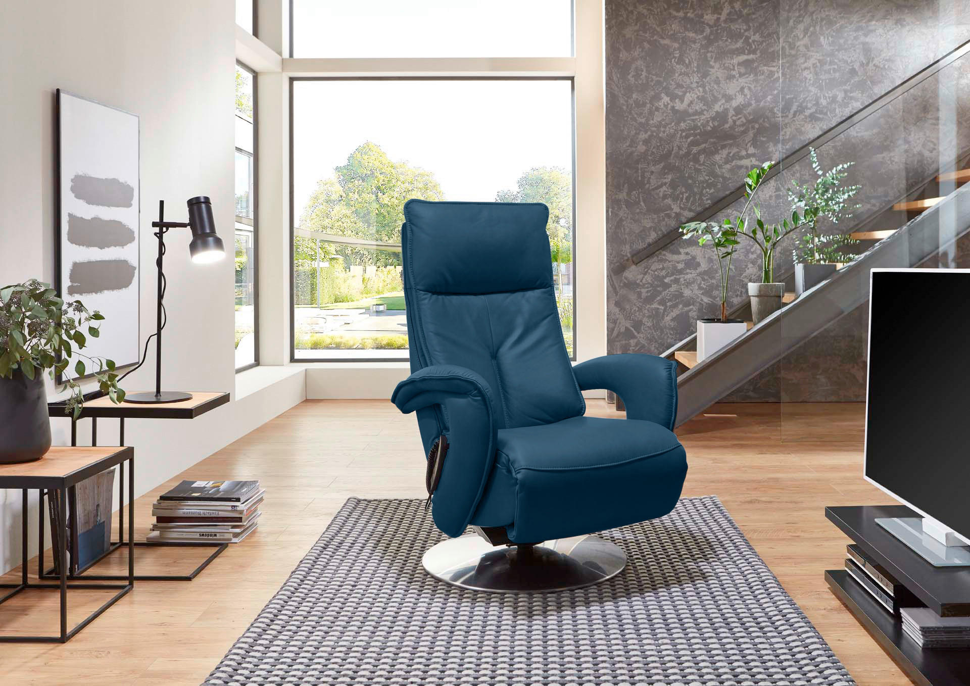 Relaxsessel mit Funktion Echtleder Relaxfunktion, Kopfteilverstellung, Aufstehhilfe    - Chromfarben/Blau, Design, Leder/Metall (77/110/87cm) - Valdera
