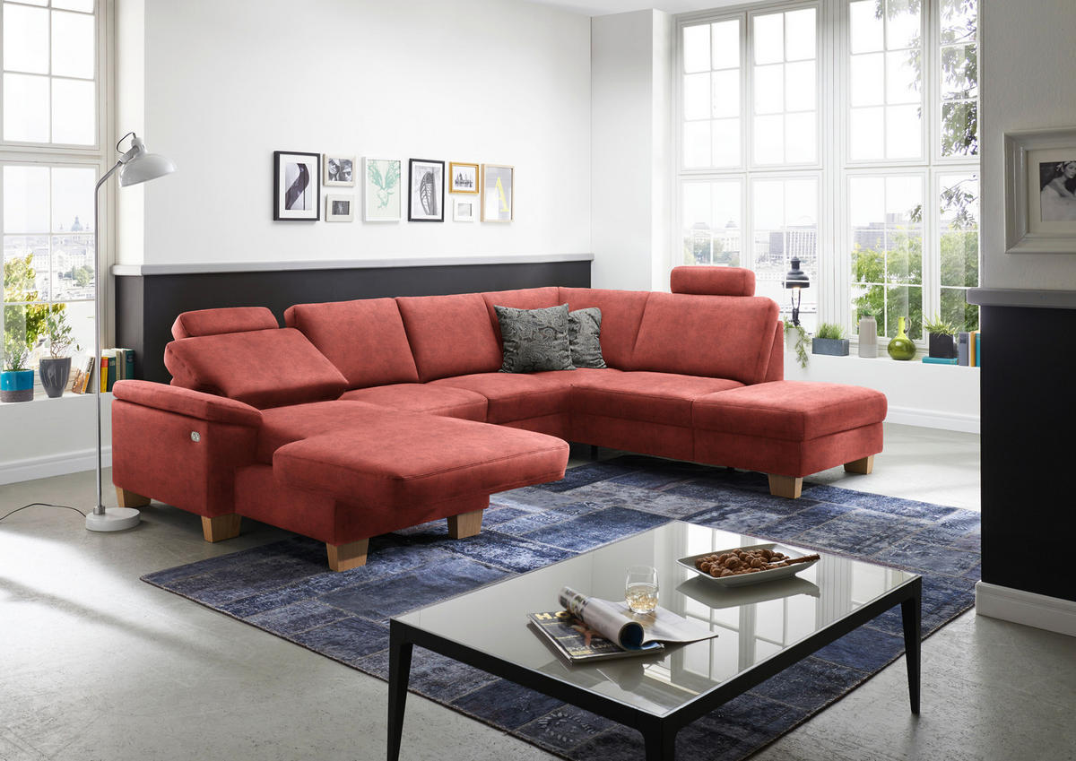 WOHNLANDSCHAFT in Velours Koralle  - Koralle/Eichefarben, Konventionell, Holz/Textil (167/316/235cm) - Beldomo System