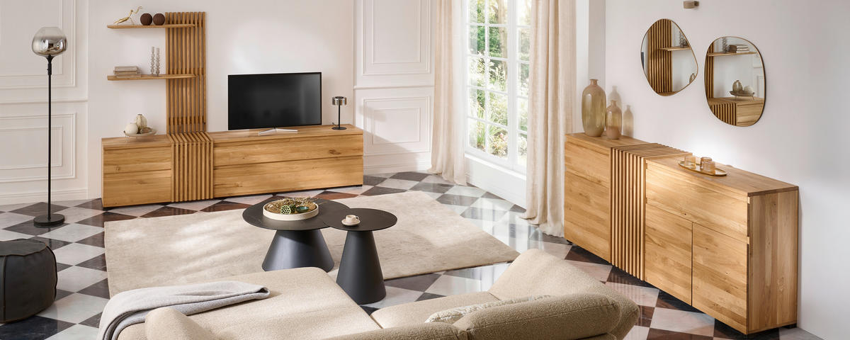 WOHNWAND  in Eichefarben  248,8/175,3/44 cm  - Eichefarben/Schwarz, Natur, Holz (248,8/175,3/44cm) - Linea Natura