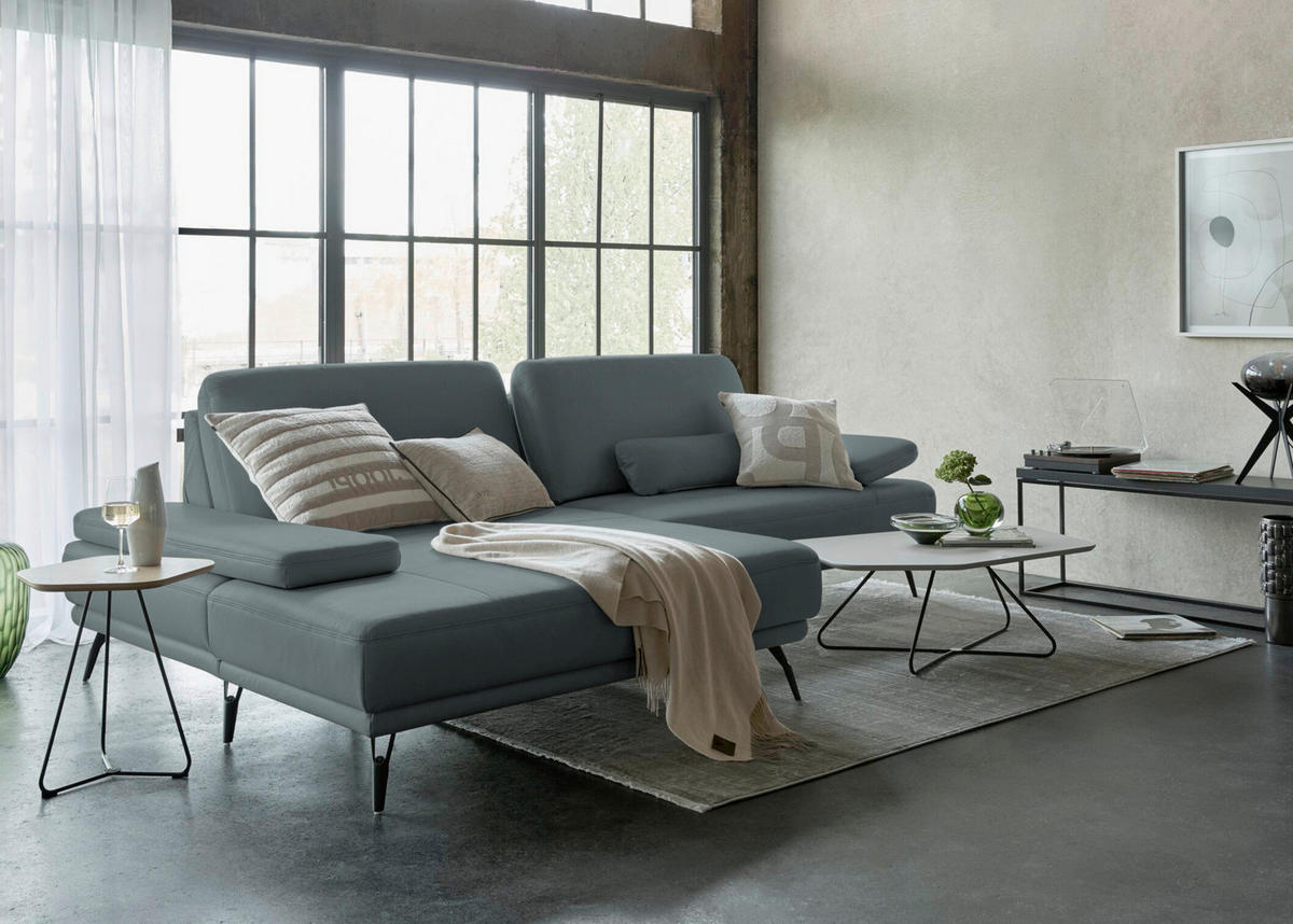 ECKSOFA Echtleder Grau  - Schwarz/Grau, Konventionell, Leder/Metall (180/301cm) - Joop!
