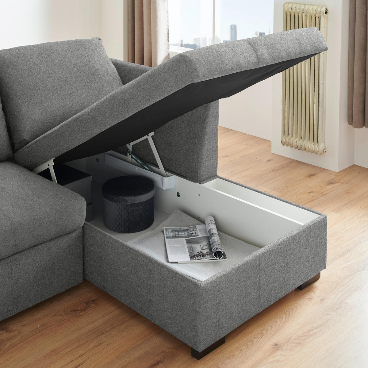 ECKSOFA in Webstoff Hellgrau  - Hellgrau/Schwarz, Design, Kunststoff/Textil (238/158cm) - Livetastic