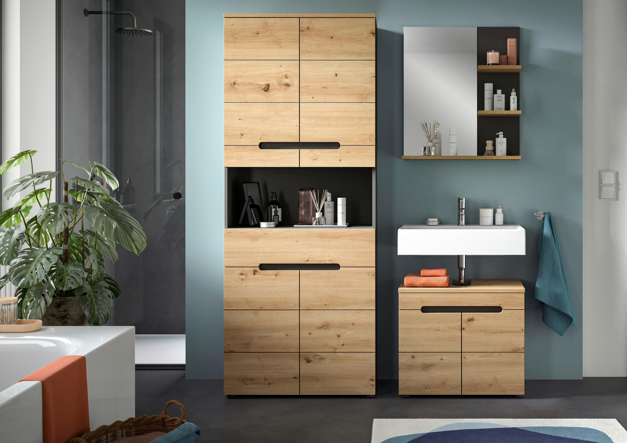 BADEZIMMER 3-teilig  in 139 cm  - Schwarz/Eiche Artisan, MODERN, Glas/Holzwerkstoff (139cm) - MID.YOU