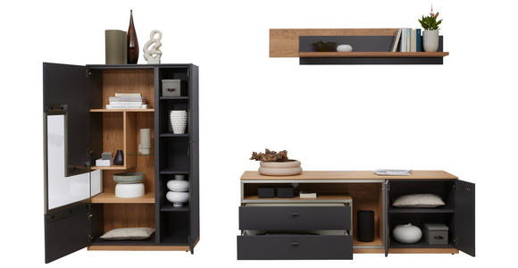 WOHNWAND 3-teilig  in Grau, Eichefarben  290/161/52 cm  - Schieferfarben/Eichefarben, Design, Glas/Holz (290/161/52cm) - Dieter Knoll