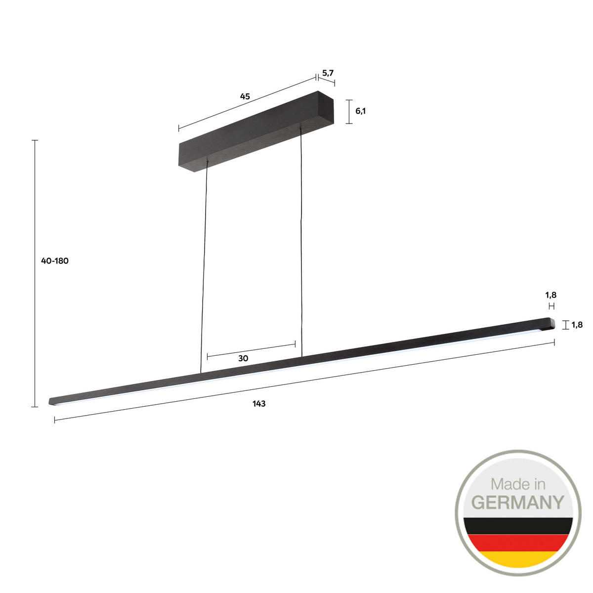 LED-HÄNGELEUCHTE 651 143/1,8/1,8 cm   - Schwarz, Design, Metall (143/1,8/1,8cm) - Ambiente