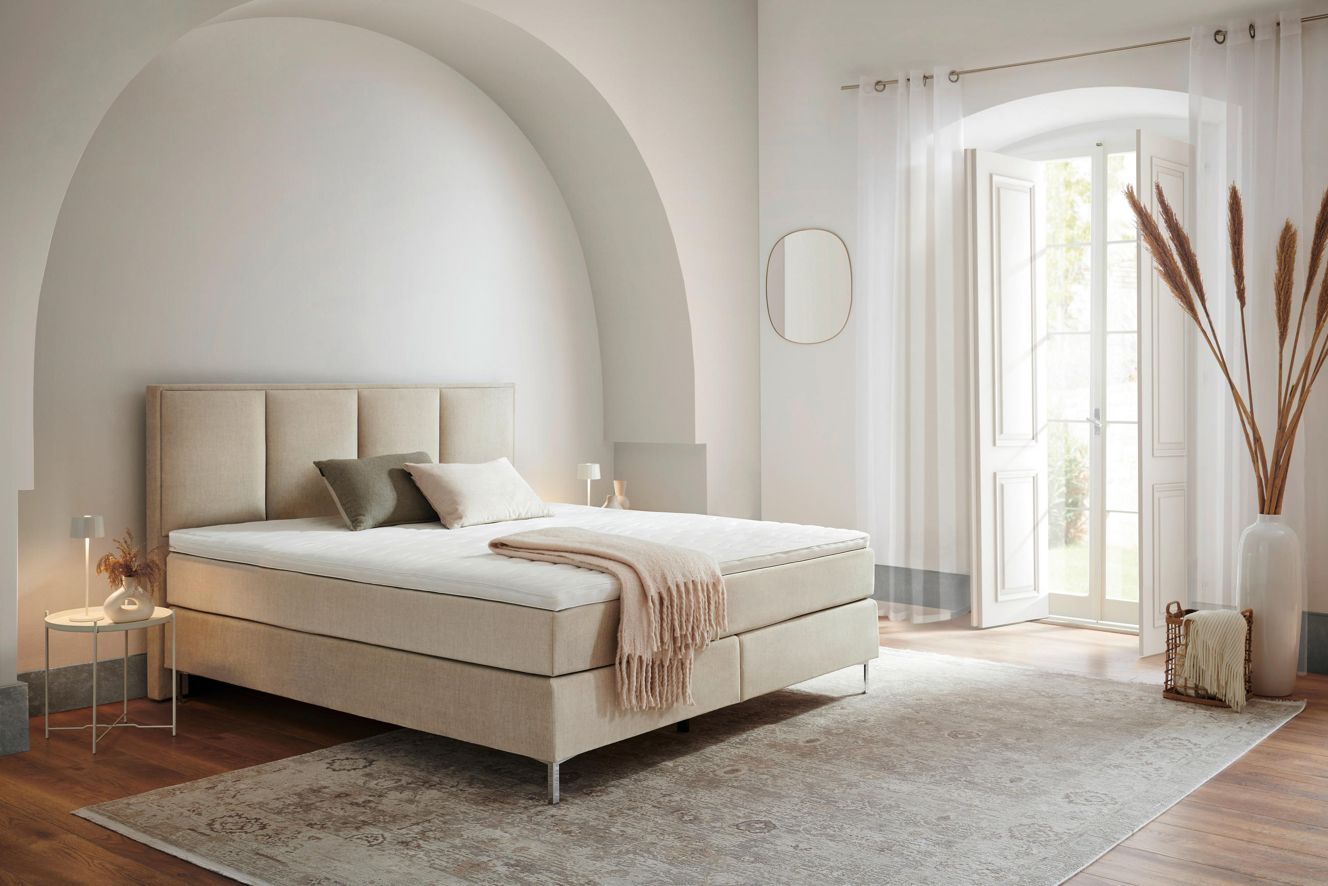 BOXSPRING-ÁGY 160/200 cm  krém  - alumínium színű/krém, Modern, textil (160/200cm) - MID.YOU