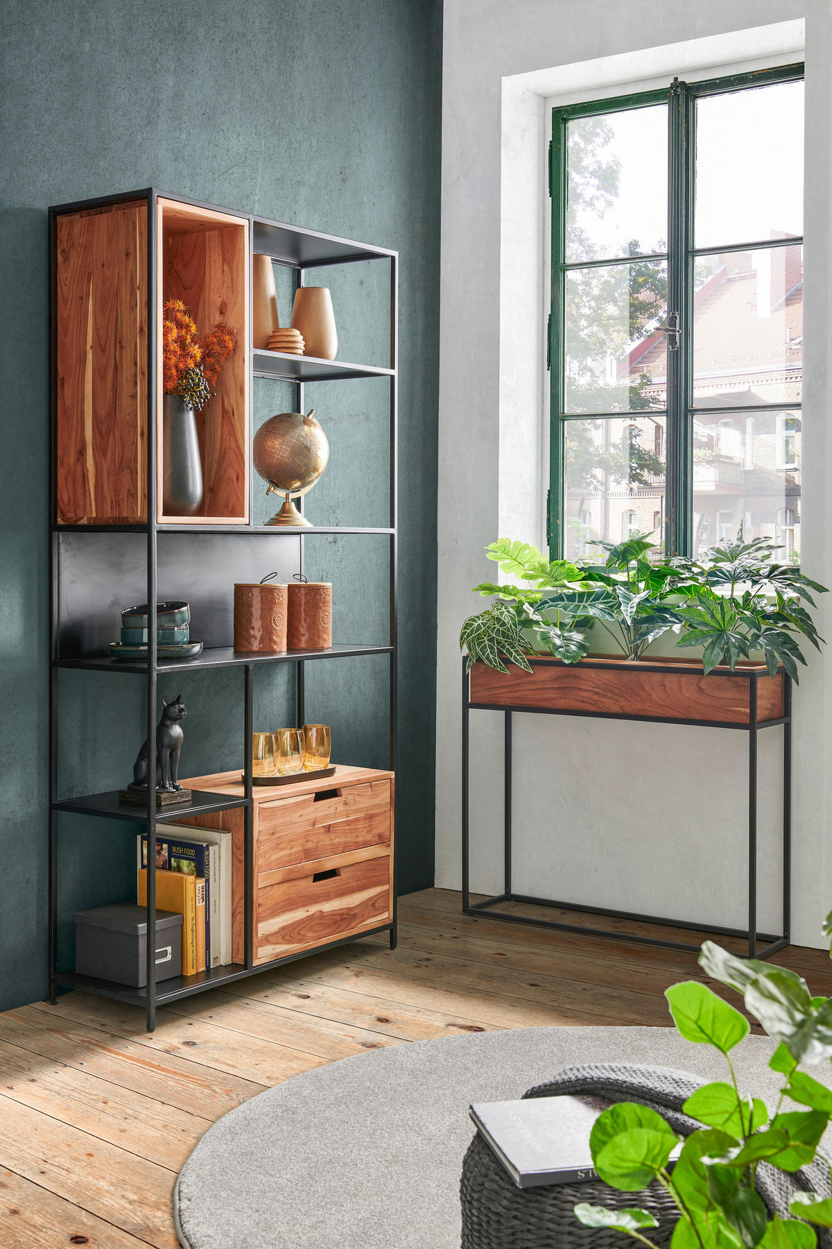 REGAL Akazie massiv Schwarz, Akaziefarben  - Schwarz/Akaziefarben, LIFESTYLE, Holz/Metall (90/185/34cm) - Landscape