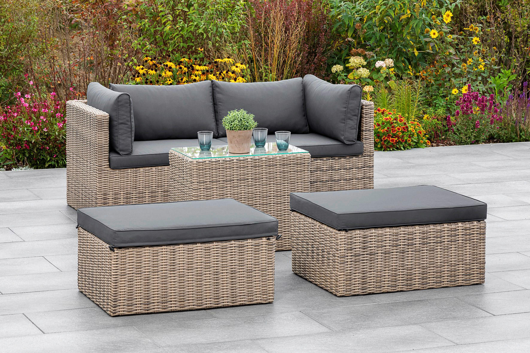 LOUNGEGARNITUR Aluminium  - Dunkelgrau/Grau, KONVENTIONELL, Glas/Kunststoff (88/65/68cm) - Gardenson