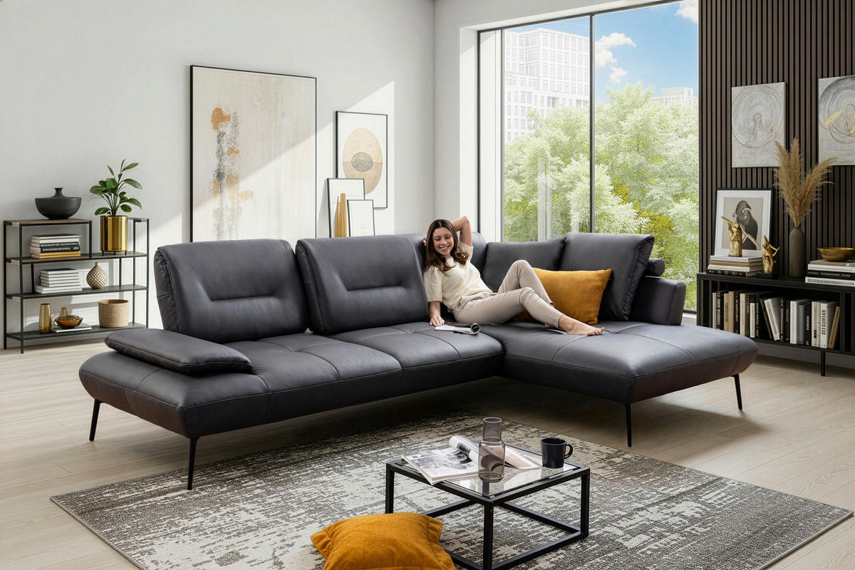ECKSOFA Anthrazit Echtleder Rücken echt, Sitztiefenverstellung  - Anthrazit/Schwarz, Design, Leder/Metall (320/190cm) - Moderano