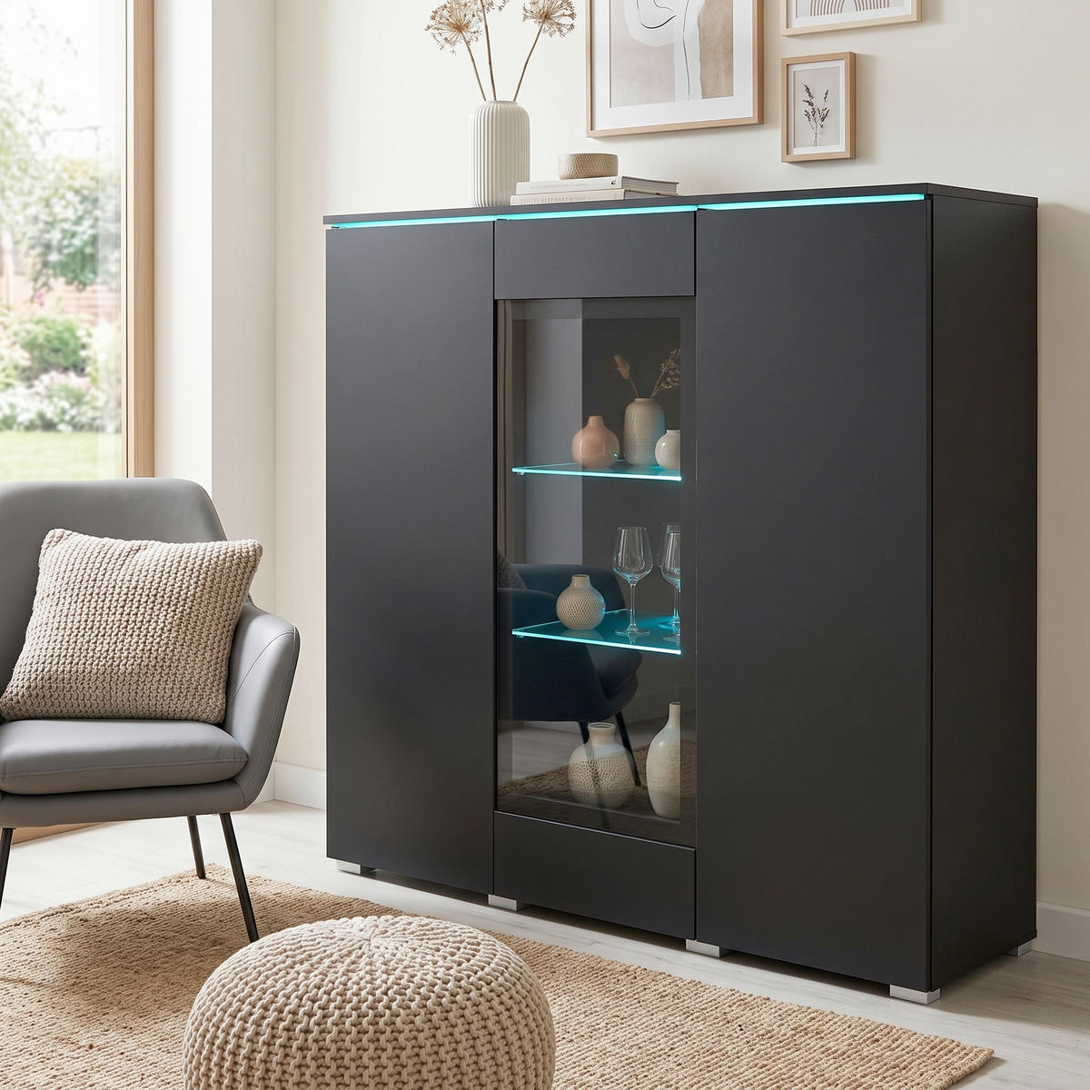 HIGHBOARD Vera 120/103,3/39,5 cm  - Schwarz/Grau, Trend, Glas/Holzwerkstoff (120/103,3/39,5cm) - P & B