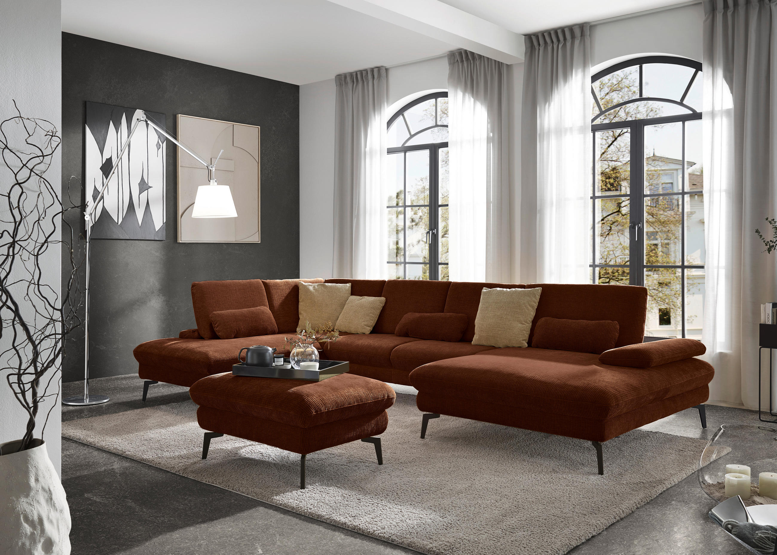 WOHNLANDSCHAFT in Webstoff Rostfarben  - Rostfarben/Schwarz, Design, Textil/Metall (208/354/157cm) - Dieter Knoll