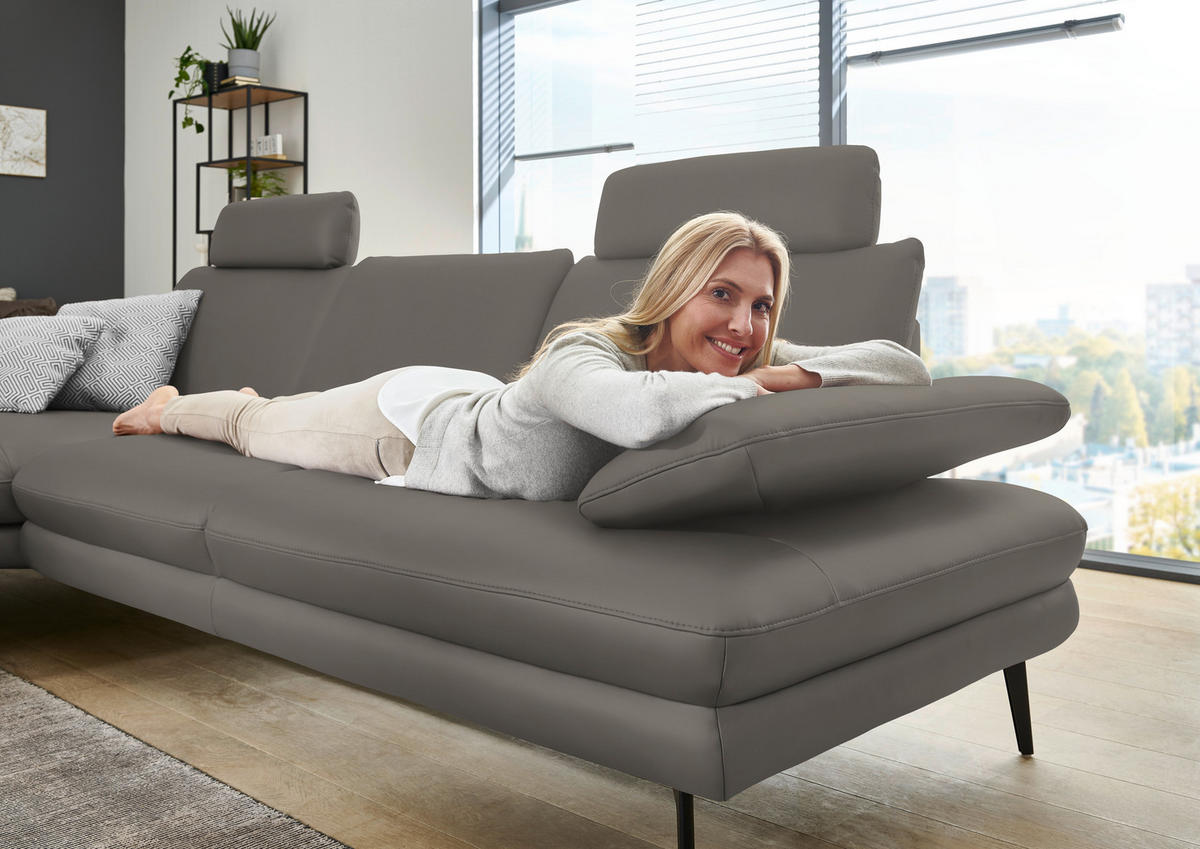 ECKSOFA in Echtleder Hellgrau  - Hellgrau/Schwarz, Design, Leder/Metall (180/310cm) - Dieter Knoll