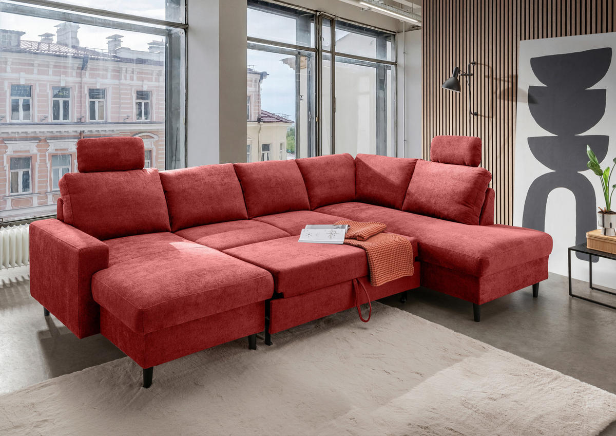 WOHNLANDSCHAFT in Chenille Rot  - Rot/Schwarz, Modern, Holz/Textil (153/305/200cm) - Livetastic