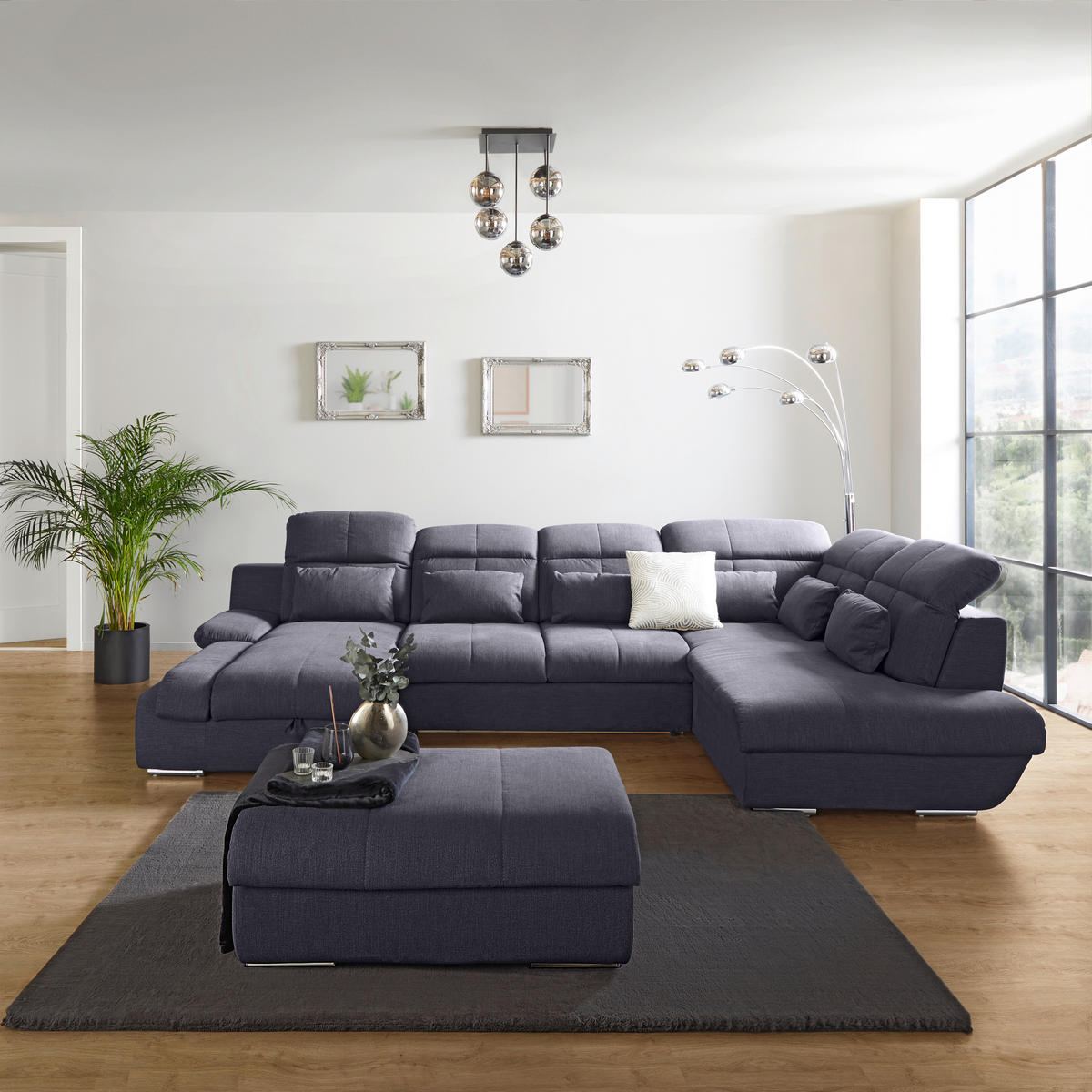 WOHNLANDSCHAFT in Mikrofaser Dunkelblau  - Chromfarben/Dunkelgrau, Modern, Textil/Metall (184/345/228cm) - MID.YOU