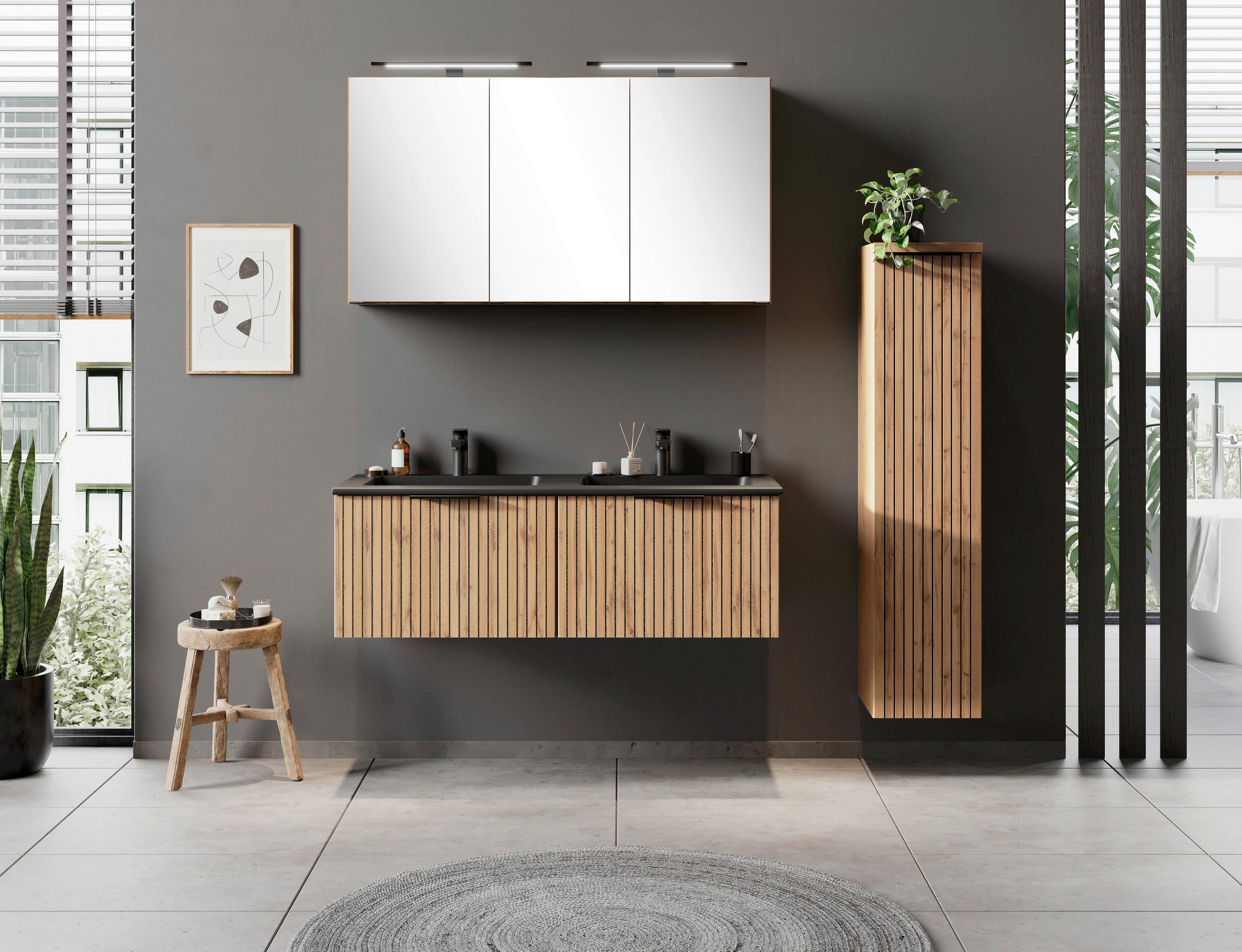 WASCHTISCHKOMBI 120 cm  - Eiche Wotan/Schwarz, Modern, Holzwerkstoff/Stein (120cm) - Held