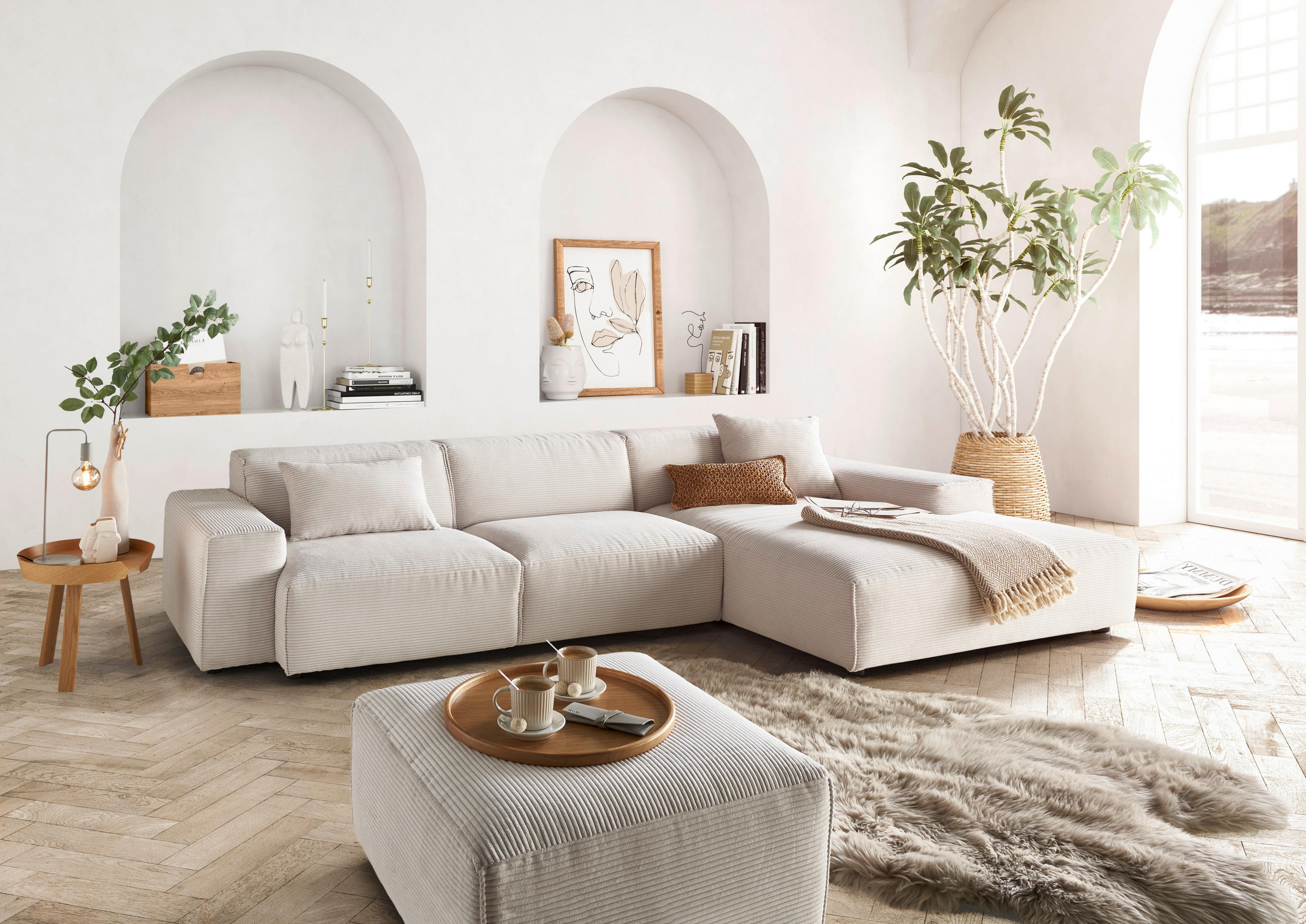 ECKSOFA Weiß Cord  - Schwarz/Weiß, Design, Kunststoff/Textil (300/189cm) - Pure Home Lifestyle