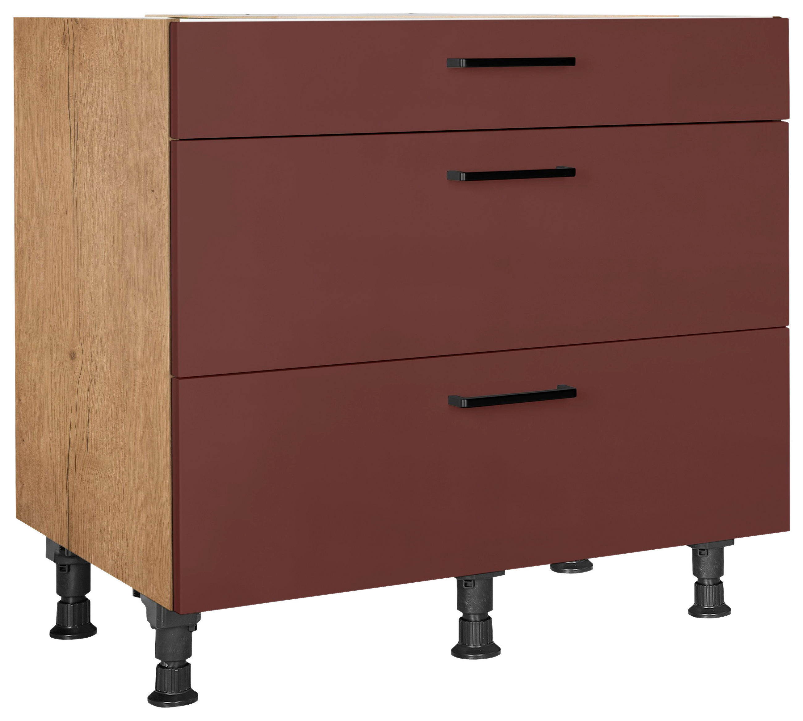 Nobilia Schubkastenunterschrank Easytouch Rot, Eiche 90x87x56 cm
