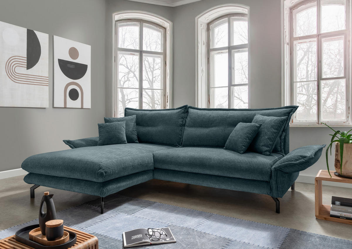 ECKSOFA in Velours Blau  - Blau/Schwarz, Design, Textil/Metall (180/255cm) - Livetastic