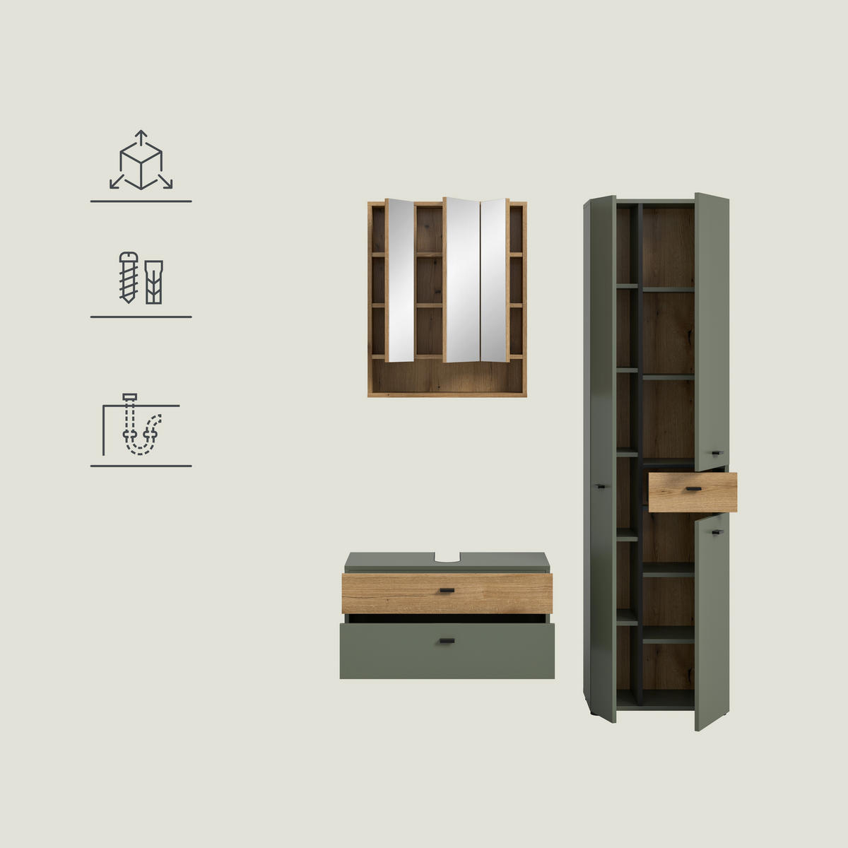 BADEZIMMER 3-teilig  in 126 cm  - Eichefarben/Schwarz, Trend, Glas/Holzwerkstoff (126cm) - MID.YOU