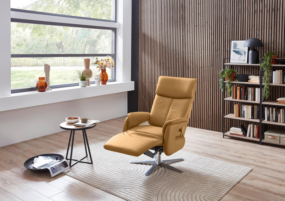 RELAXSESSEL in Leder Currygelb  - Currygelb/Edelstahlfarben, Design, Leder/Metall (70/124/85cm) - Cantus