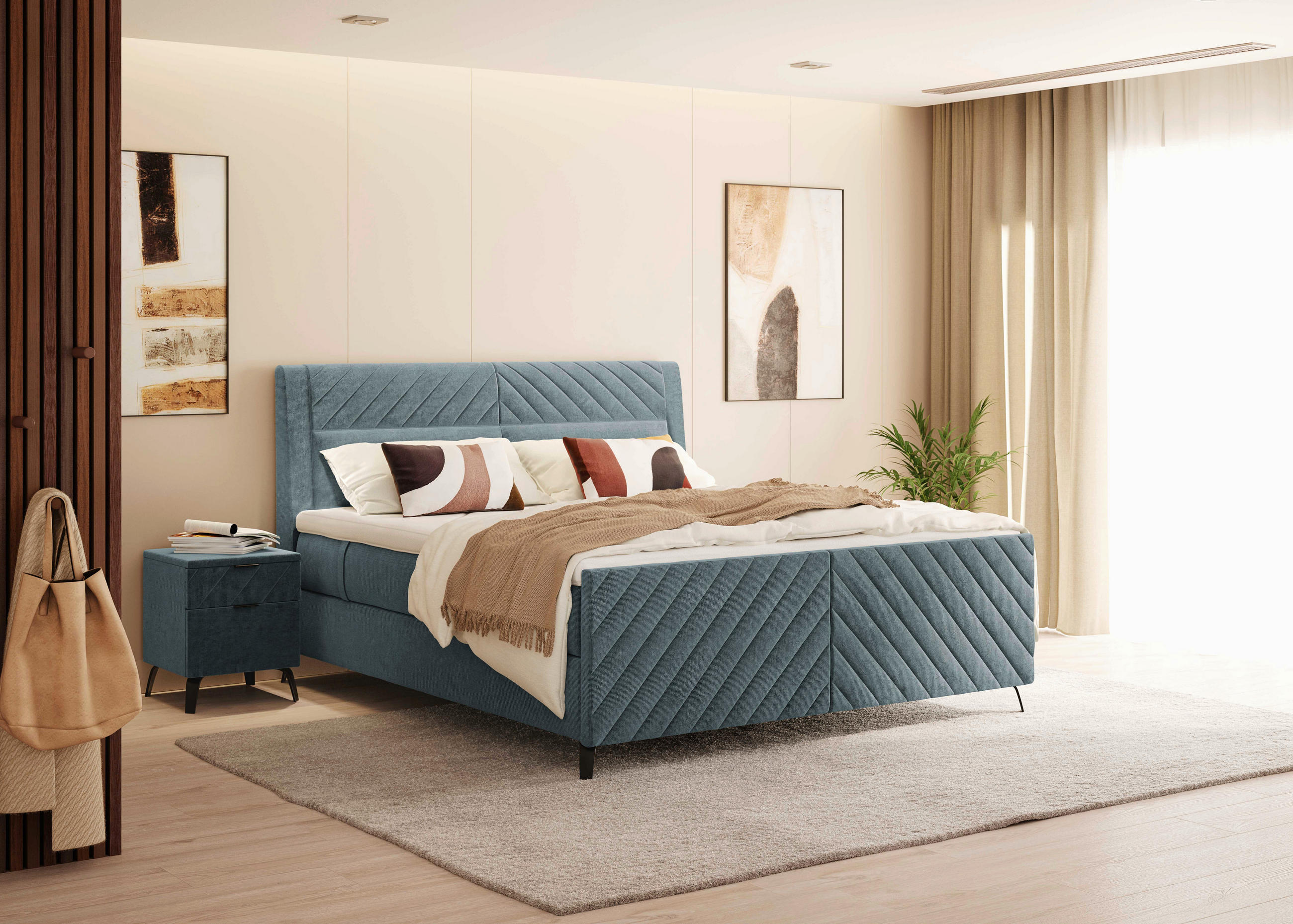 Thumbnail - Esposa Boxspringbett, Petrol, Textil, H3 + H4, 7-Zonen, Höhe ca. 20 cm, 160x200 cm, gepolstertes Kopfteil, Topper durchg...