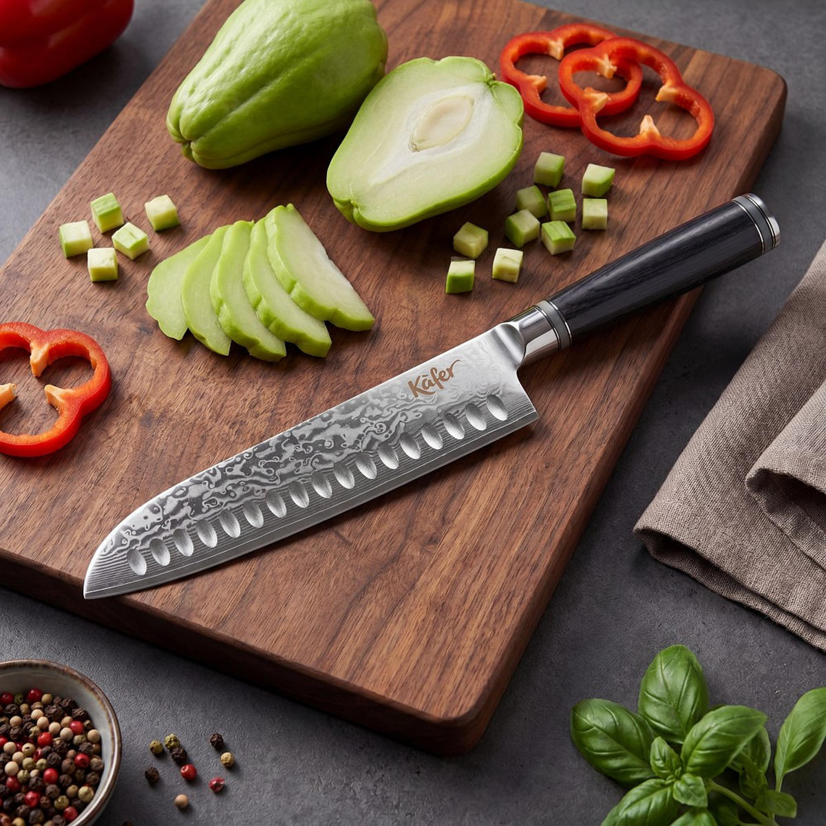 Cuțit Santoku 20.5 cm  - culoare inox/negru, Basics, lemn/metal (20.5cm) - Käfer