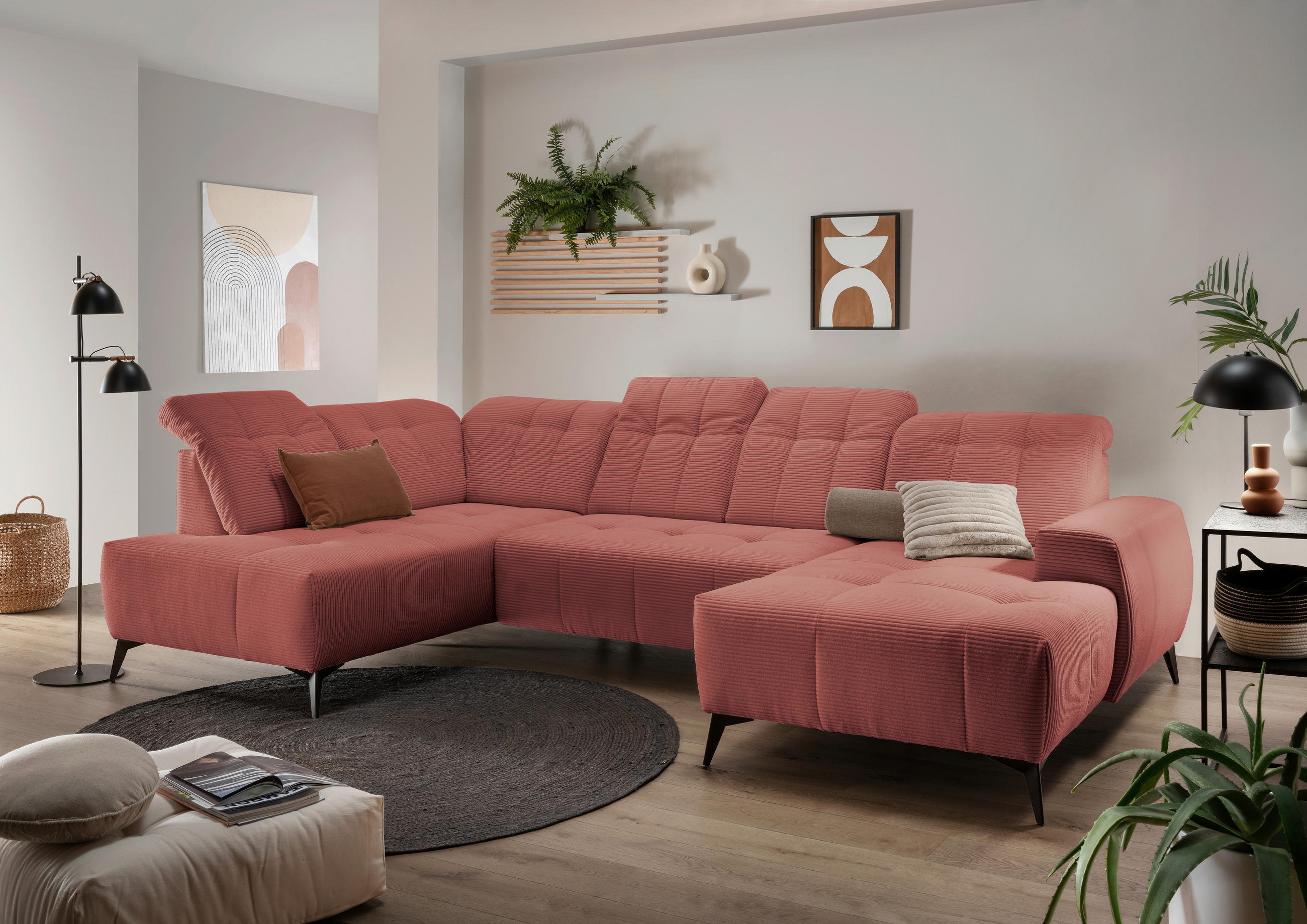 WOHNLANDSCHAFT SANO Koralle Cord  - Koralle/Schwarz, MODERN, Textil/Metall (200/337/180cm) - Livetastic