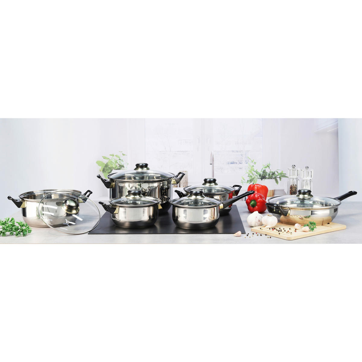 KOCHTOPFSET 12-teilig  - Edelstahlfarben, Basics, Glas/Metall