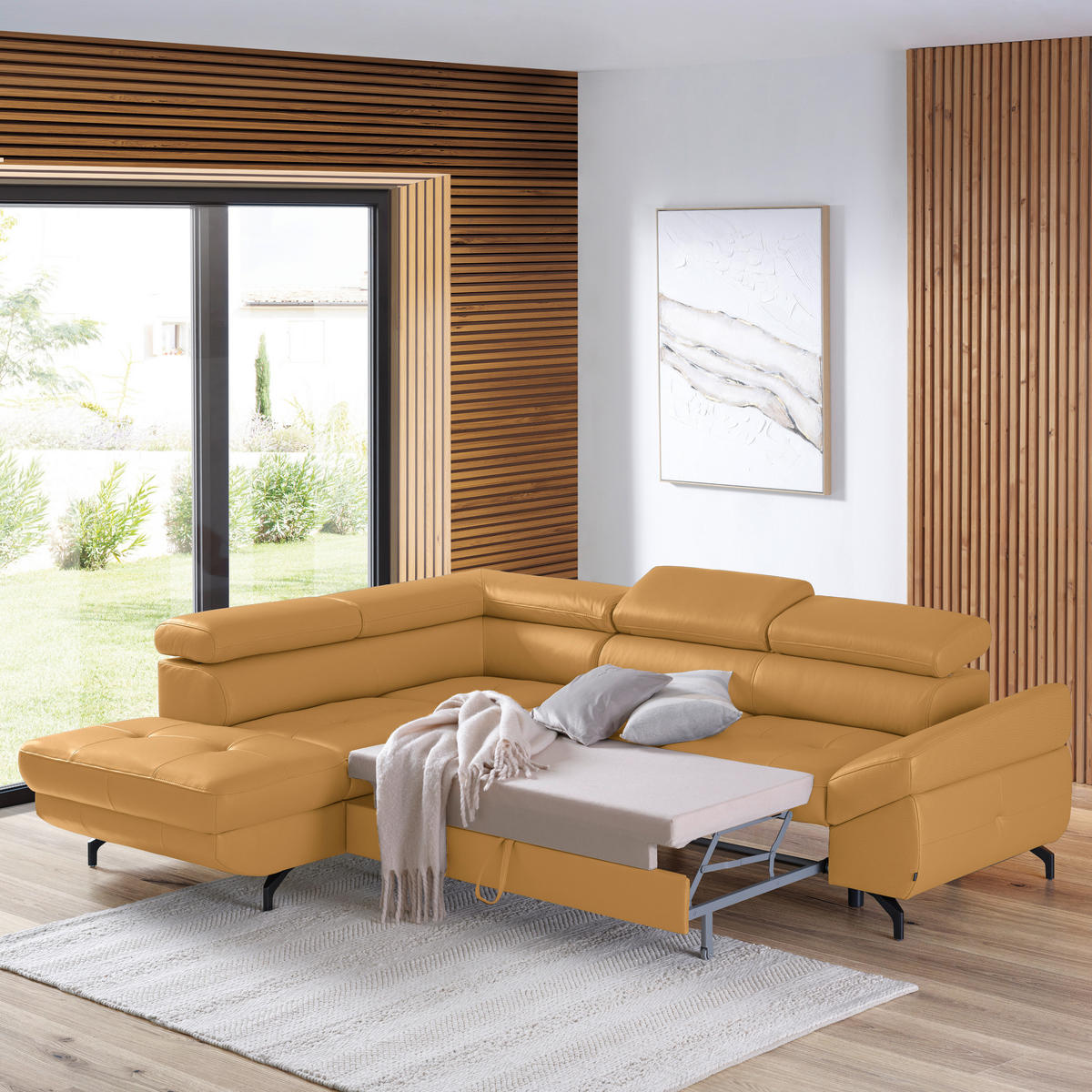 ECKSOFA in Echtleder Senfgelb  - Senfgelb/Schwarz, Design, Leder/Metall (220/270cm) - Novel