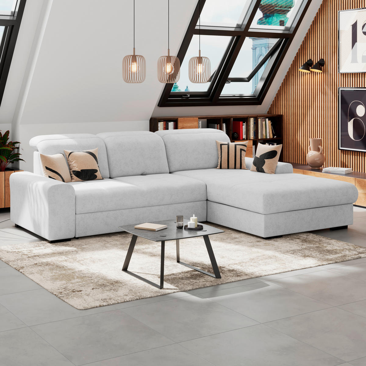 ECKSOFA Silberfarben Chenille Rücken echt, Kopfteilverstellung  - Silberfarben/Schwarz, KONVENTIONELL, Holz/Textil (286/203cm) - MID.YOU