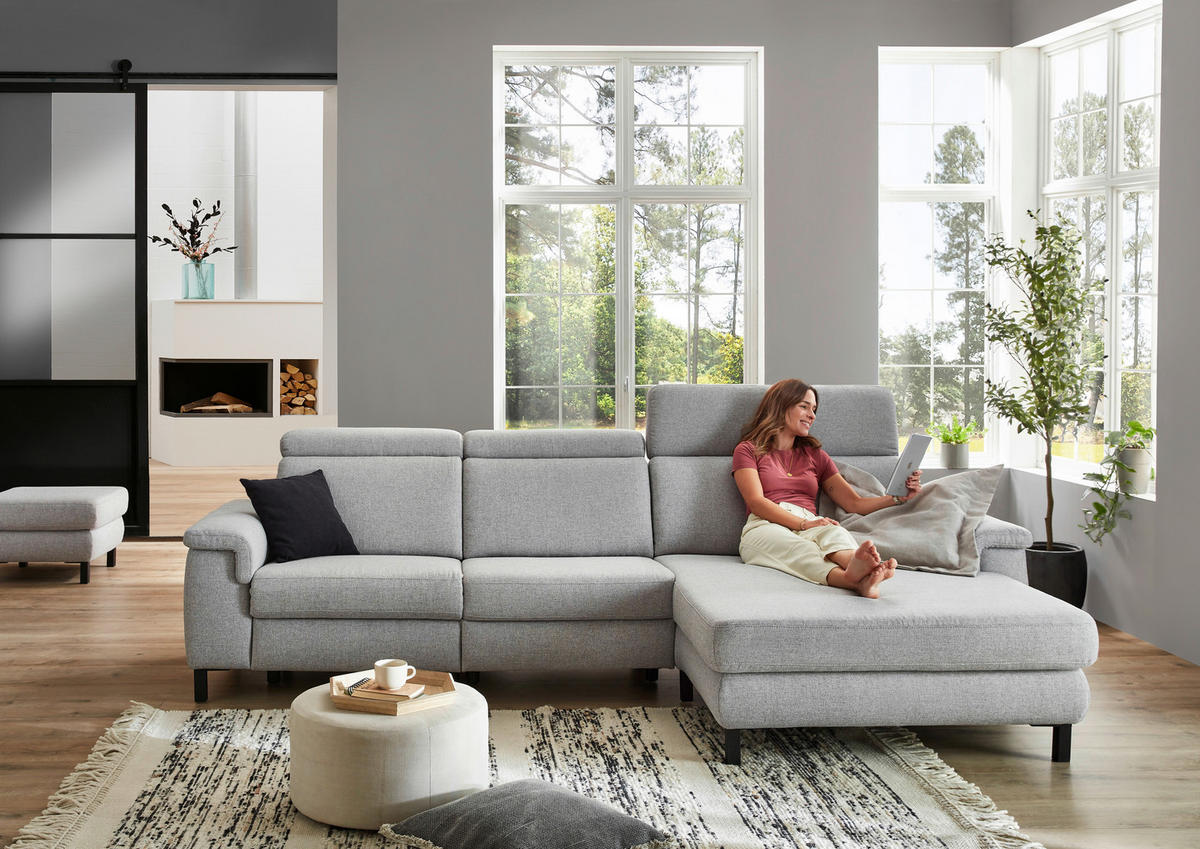 ECKSOFA in Flachgewebe Hellgrau  - Hellgrau/Schwarz, Konventionell, Textil/Metall (304/182cm) - Pure Home Comfort