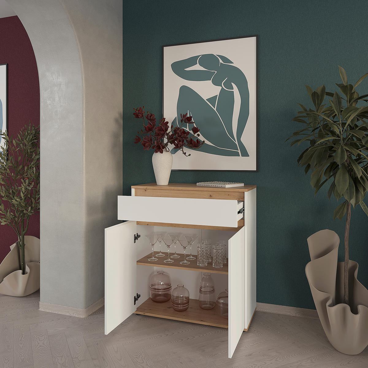 KOMMODE , 80/93/38 cm, 1 Schublade(n)  - Schwarz/Weiß, MODERN, Holzwerkstoff/Kunststoff (80/93/38cm) - Carryhome