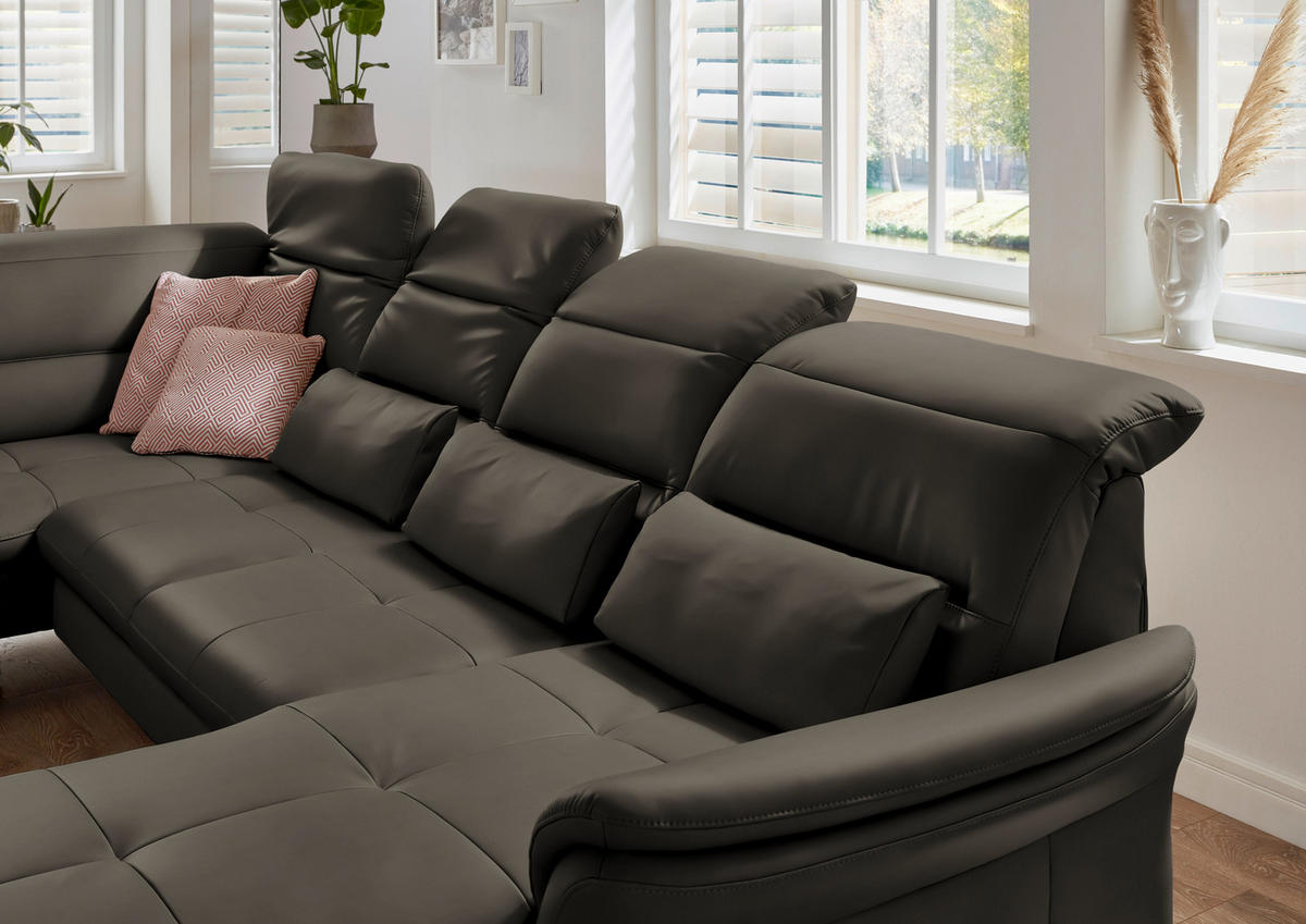 WOHNLANDSCHAFT in Echtleder Graubraun  - Graubraun/Schwarz, Design, Leder/Metall (206/336/181cm) - Beldomo Speed