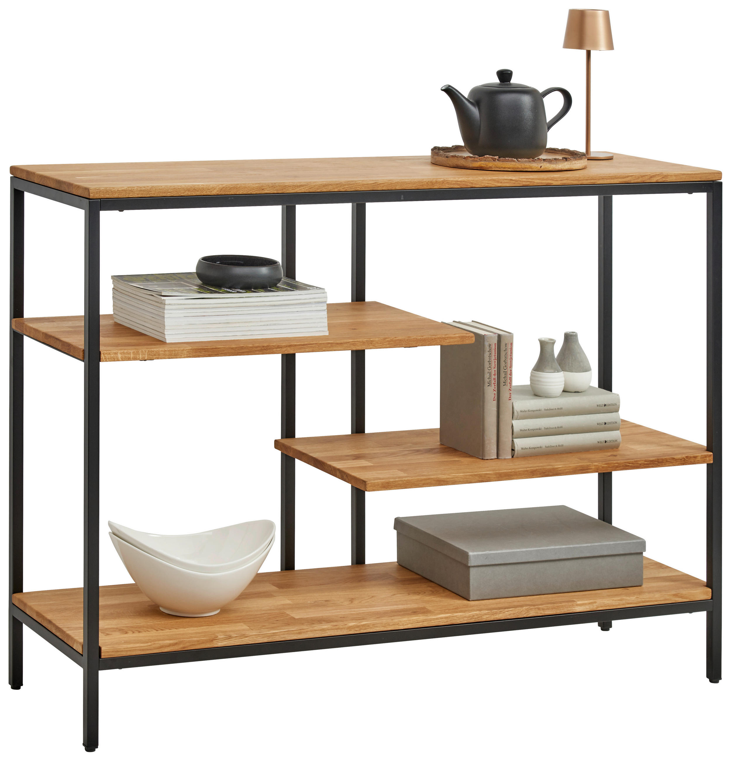 REGAL Eiche massiv Schwarz, Eichefarben  - Eichefarben/Schwarz, Trend, Holz/Metall (120/90/35cm) - Landscape