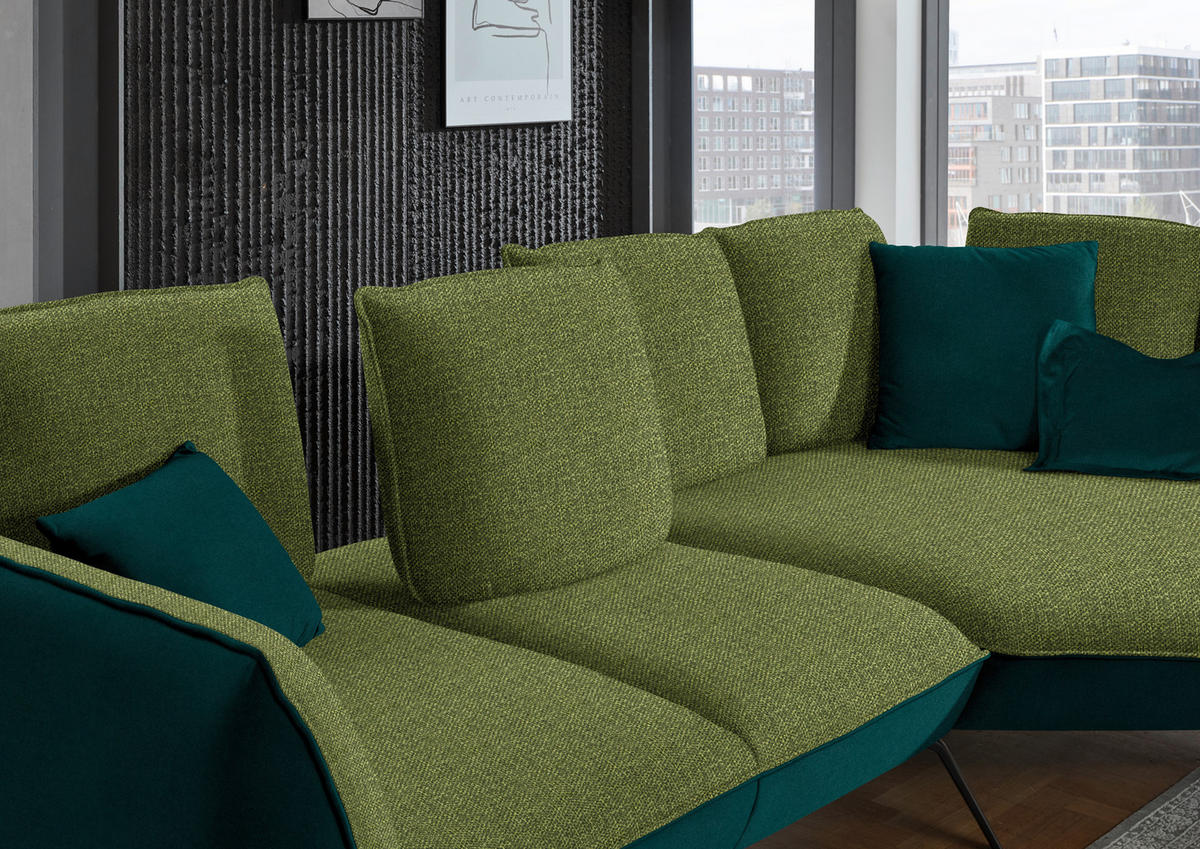 ECKSOFA in Flachgewebe Grün  - Schwarz/Grün, Design, Textil/Metall (320/169cm) - Moderano
