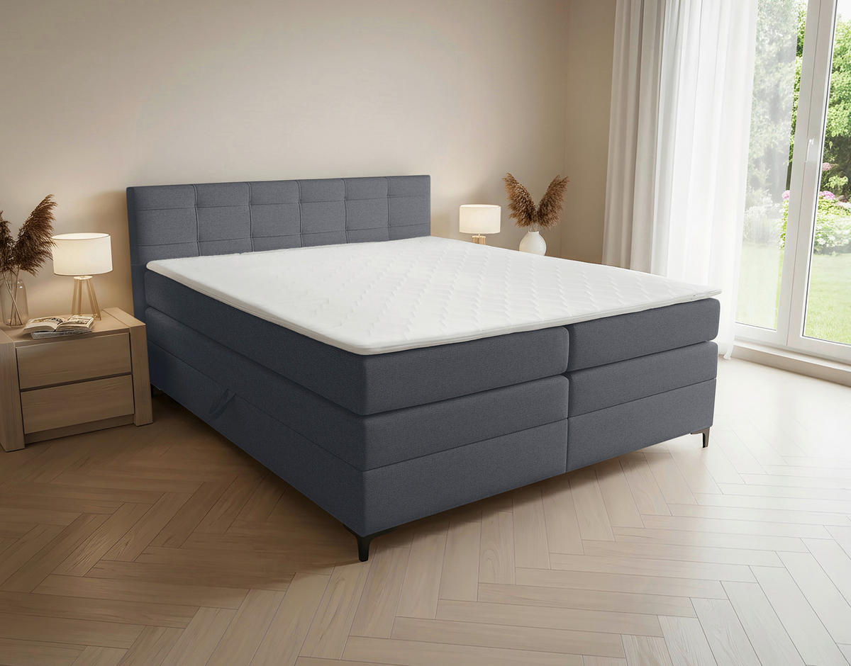 BOXSPRINGBETT 180/200 cm,  in Blaugrau, H3 = fest  - Blaugrau/Schwarz, KONVENTIONELL, Kunststoff/Textil (180/200cm)