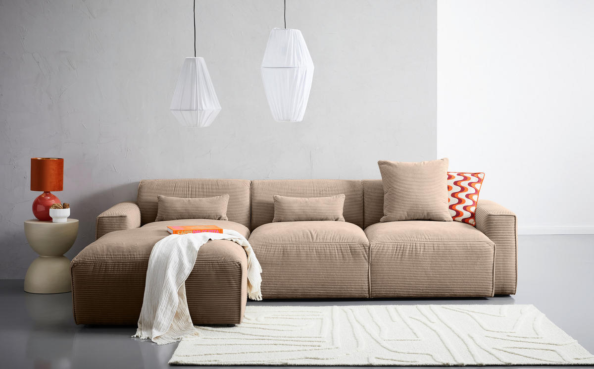 ECKSOFA in Cord Hellbraun  - Hellbraun/Schwarz, Design, Kunststoff/Textil (196/303cm) - Livetastic