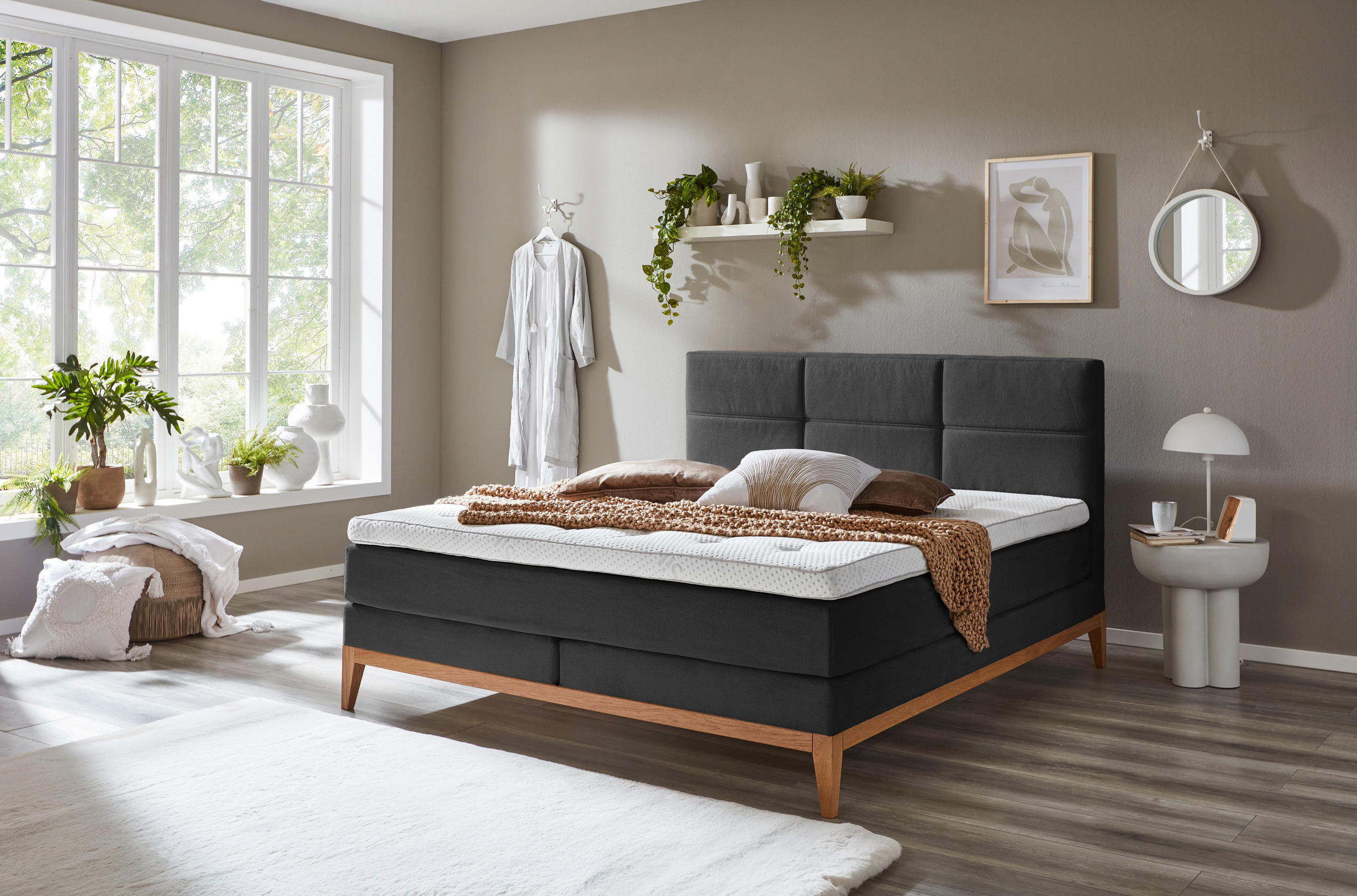 BOXSPRINGBETT 180/200 cm  in Anthrazit  - Eichefarben/Anthrazit, KONVENTIONELL, Holz/Textil (180/200cm) - Boxxx