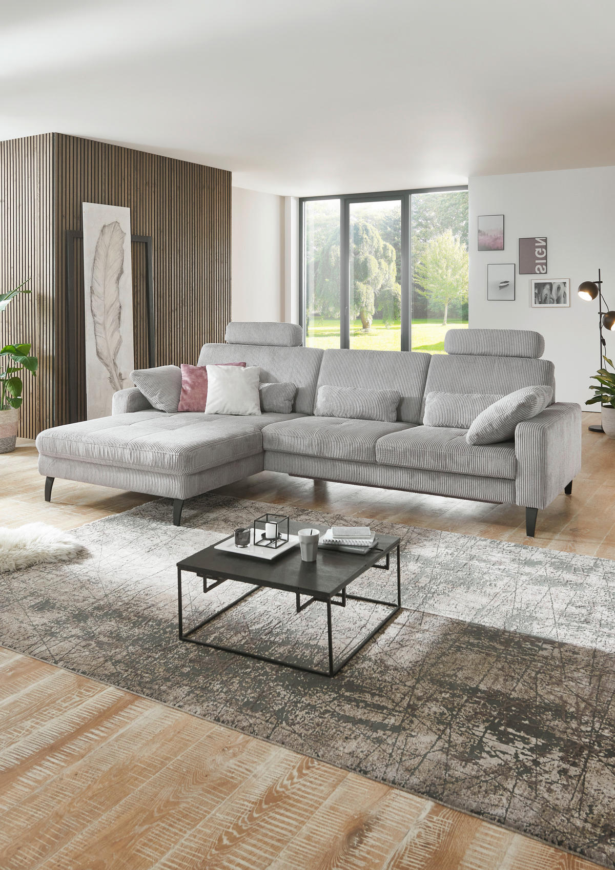 ECKSOFA Hellgrau Cord  - Hellgrau/Schwarz, MODERN, Textil/Metall (177/302cm) - Beldomo Style
