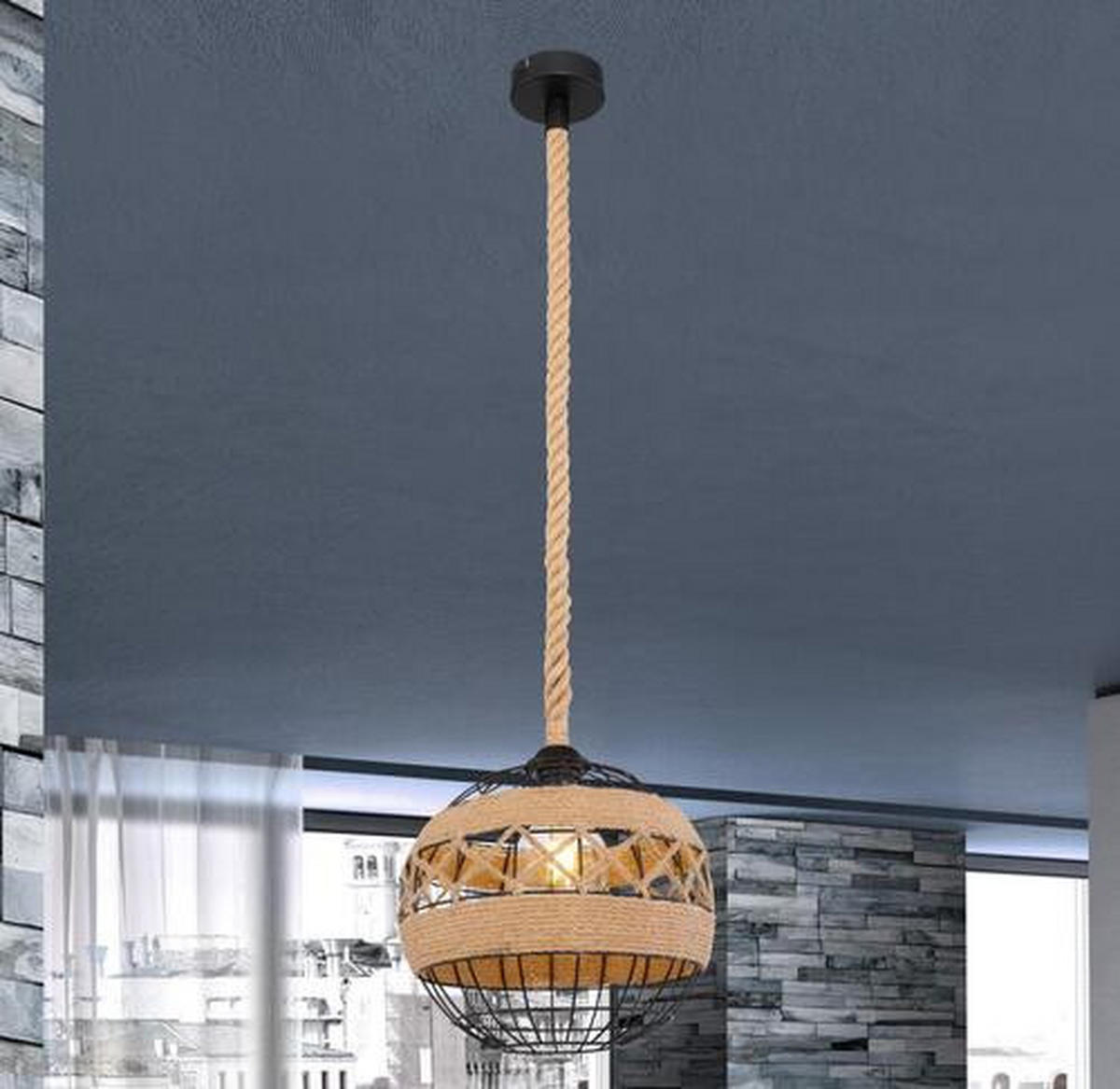 VISEČA SVETILKA        30/120 cm     60 W E27 - črna/rjava, Natur, kovina/naravni materiali (30/120cm) - Globo