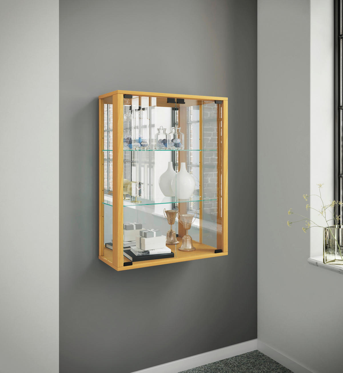 HÄNGEVITRINE in Buche Buchefarben  - Buchefarben/Schwarz, Modern, Glas/Holzwerkstoff (60/80/25cm) - MID.YOU
