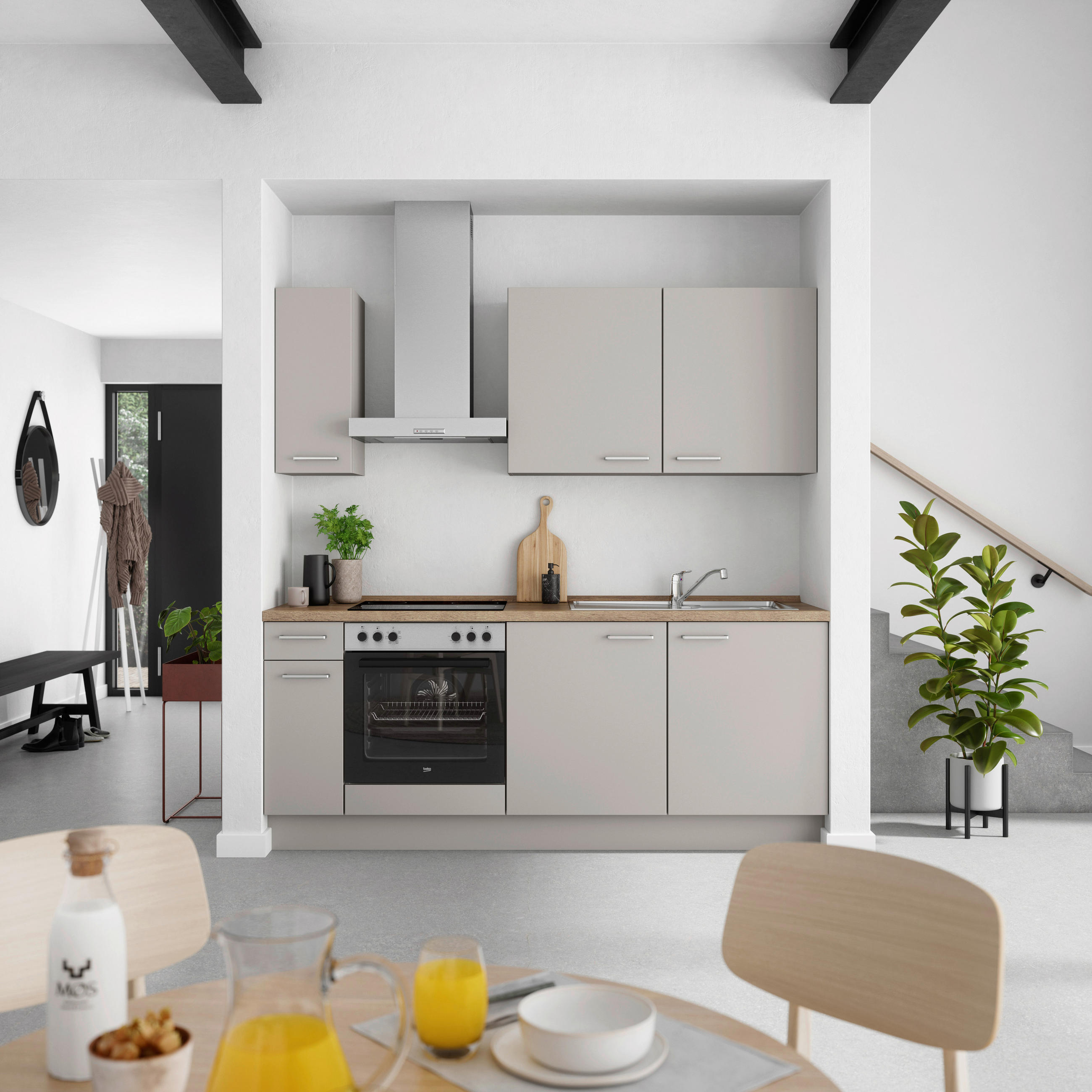 KÜCHENBLOCK 210 cm   in Grau, Eiche dunkel  - Eiche dunkel/Edelstahlfarben, MODERN, Holzwerkstoff/Metall (210cm) - Nobilia