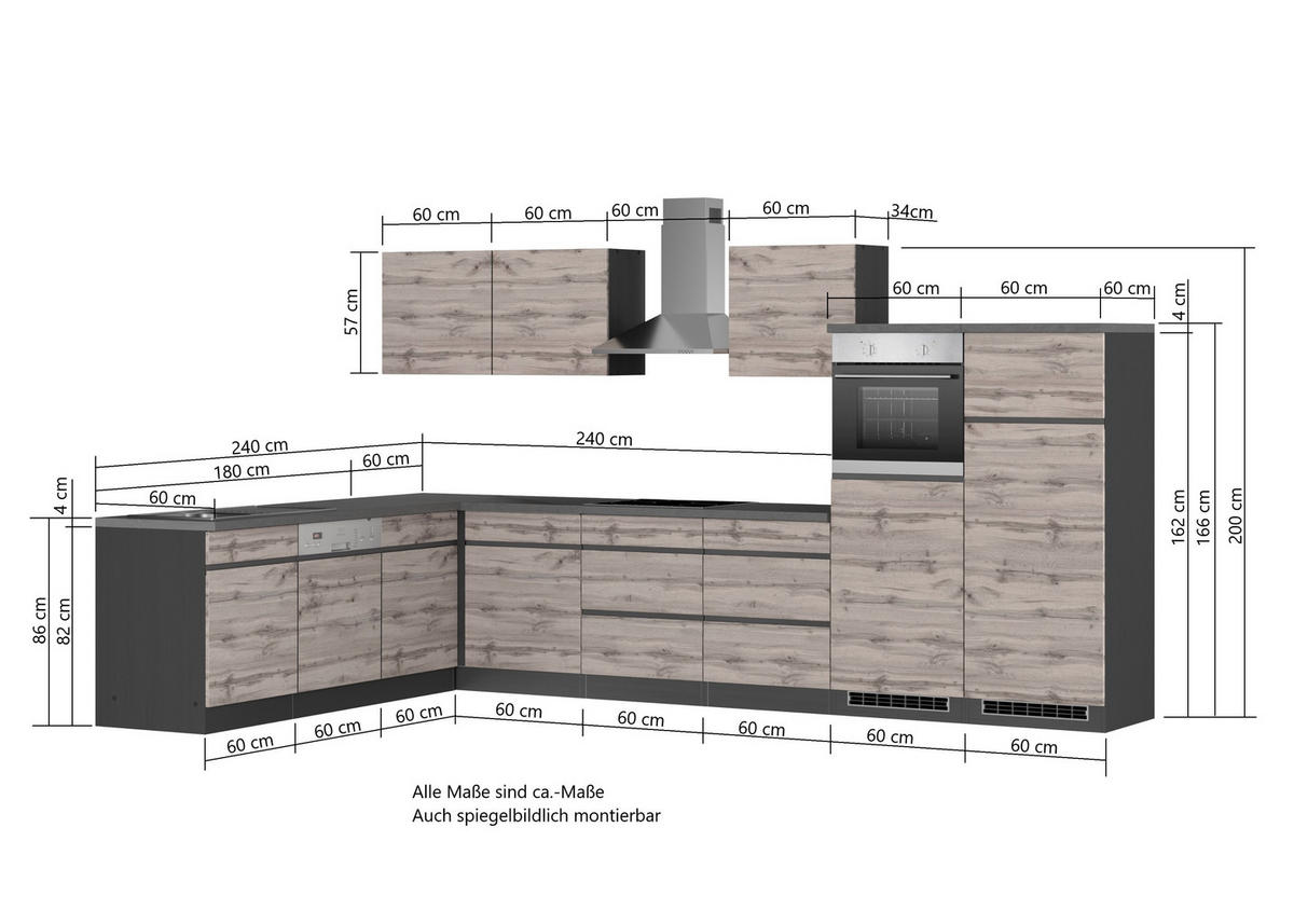 ECKKÜCHE 240/360 cm  in Graphitfarben, Eiche Wotan  - Eiche Wotan/Graphitfarben, Design, Holzwerkstoff (240/360cm) - Held