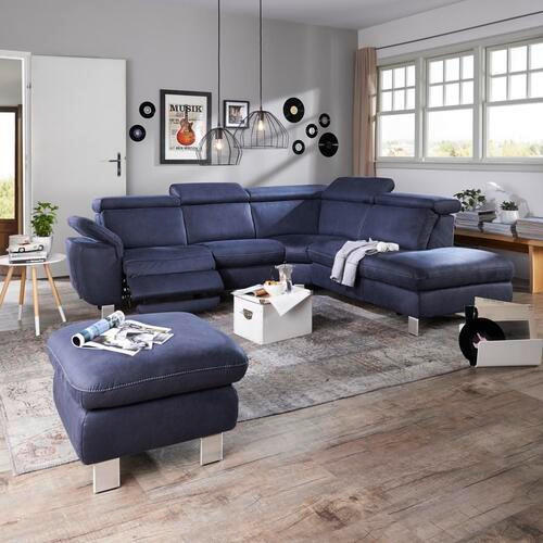 ECKSOFA Dunkelblau Flachgewebe, Mikrofaser  - Beige/Alufarben, Design, Textil/Metall (271/242cm) - Cantus