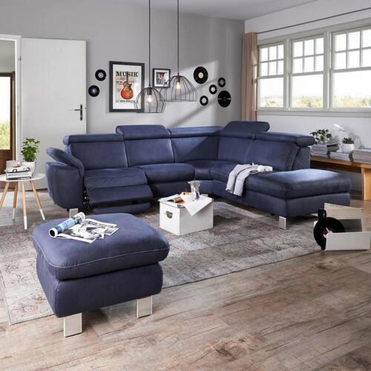 ECKSOFA Dunkelblau Flachgewebe, Mikrofaser  - Beige/Alufarben, Design, Textil/Metall (271/239cm) - Cantus